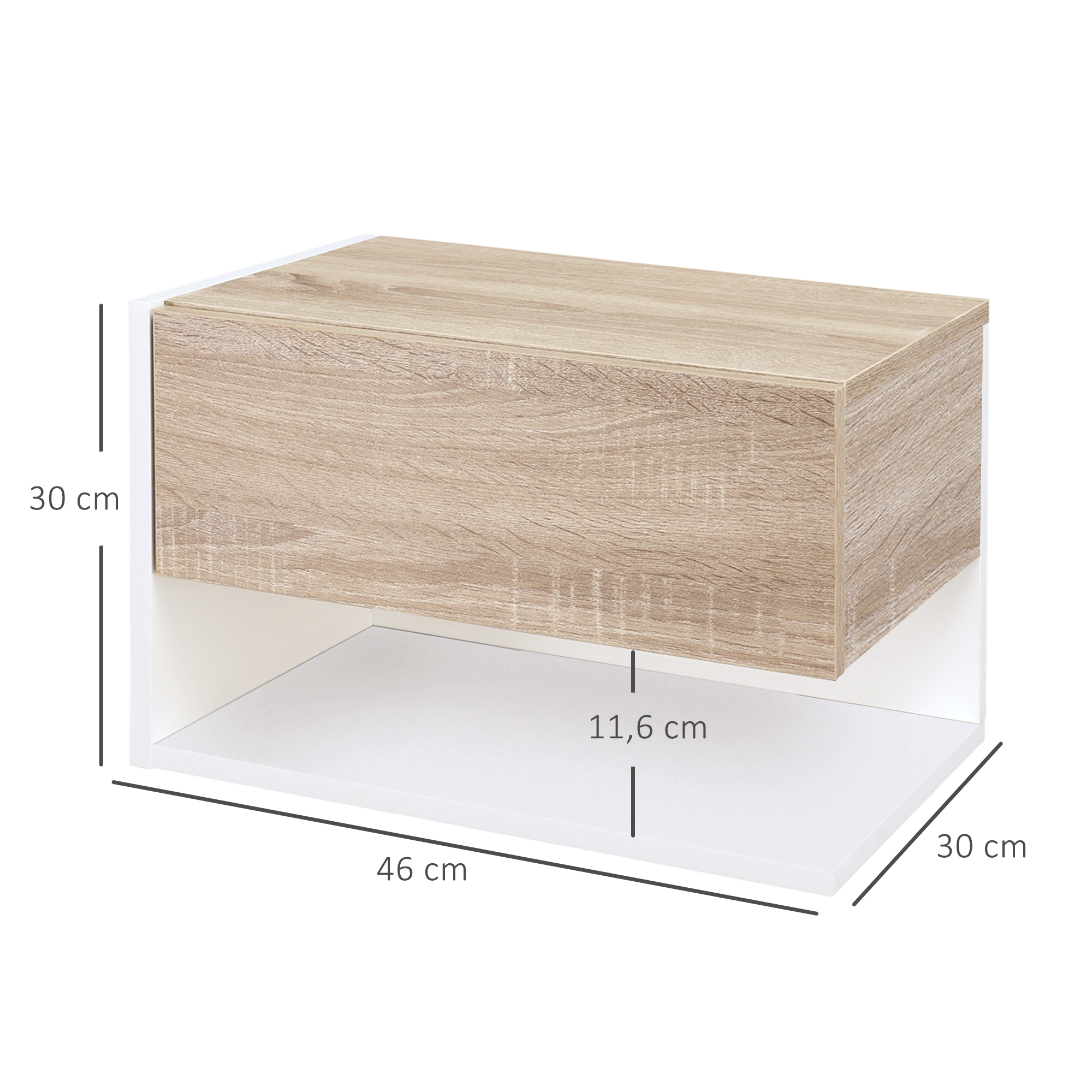 Una mesita de noche flotante en madera clara y blanco, mide 46x30x30 cm.