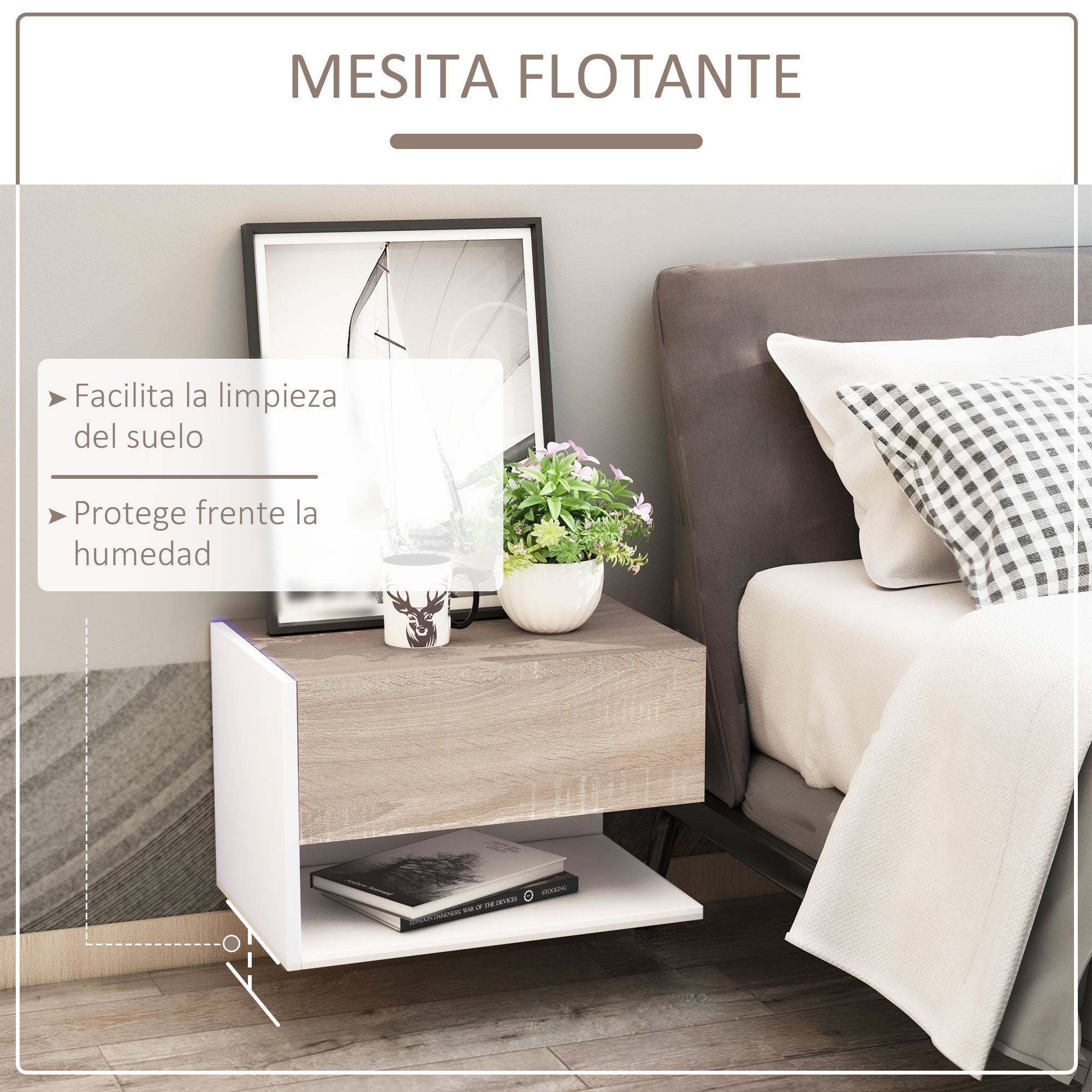 Una mesita de noche flotante con cajón de madera, cuerpo blanco, libro y planta.