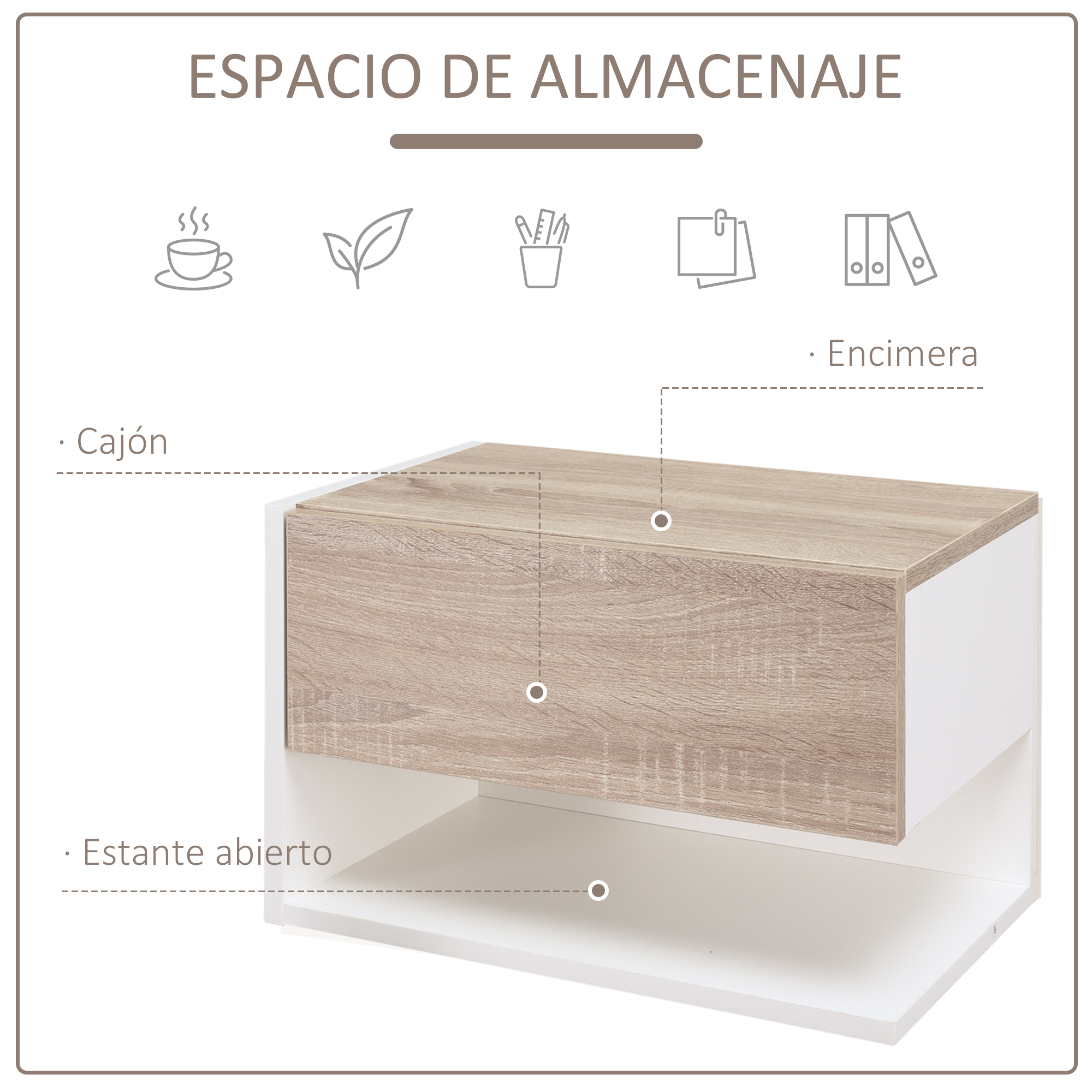 Una mesita de noche con frente de cajón de laminado de madera y estante.