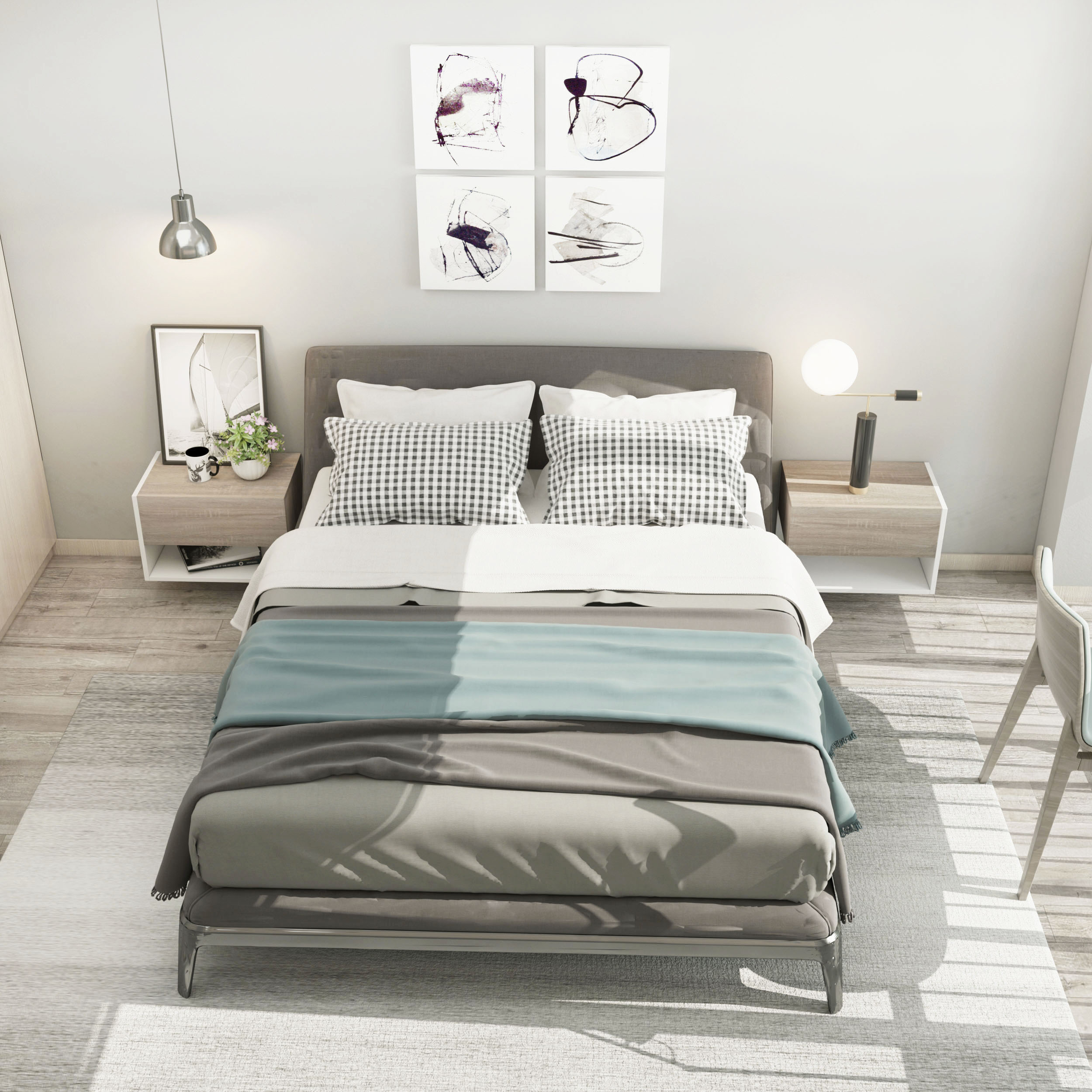 Un dormitorio con cama, mesitas de noche y obras de arte en la pared.