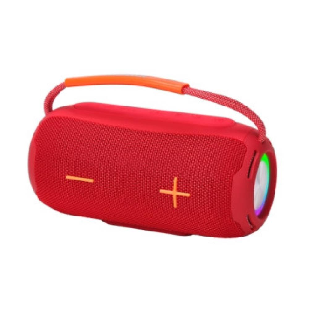 Turuncu saplı ve parlayan ışıklı kırmızı Bluetooth hoparlör.
