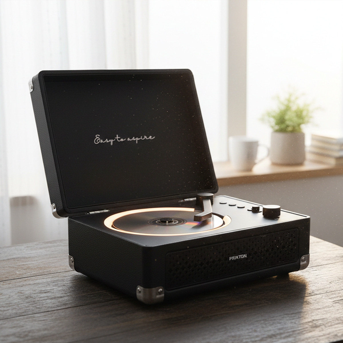 Un tocadiscos negro con tapa abierta, plato iluminado y botones.
