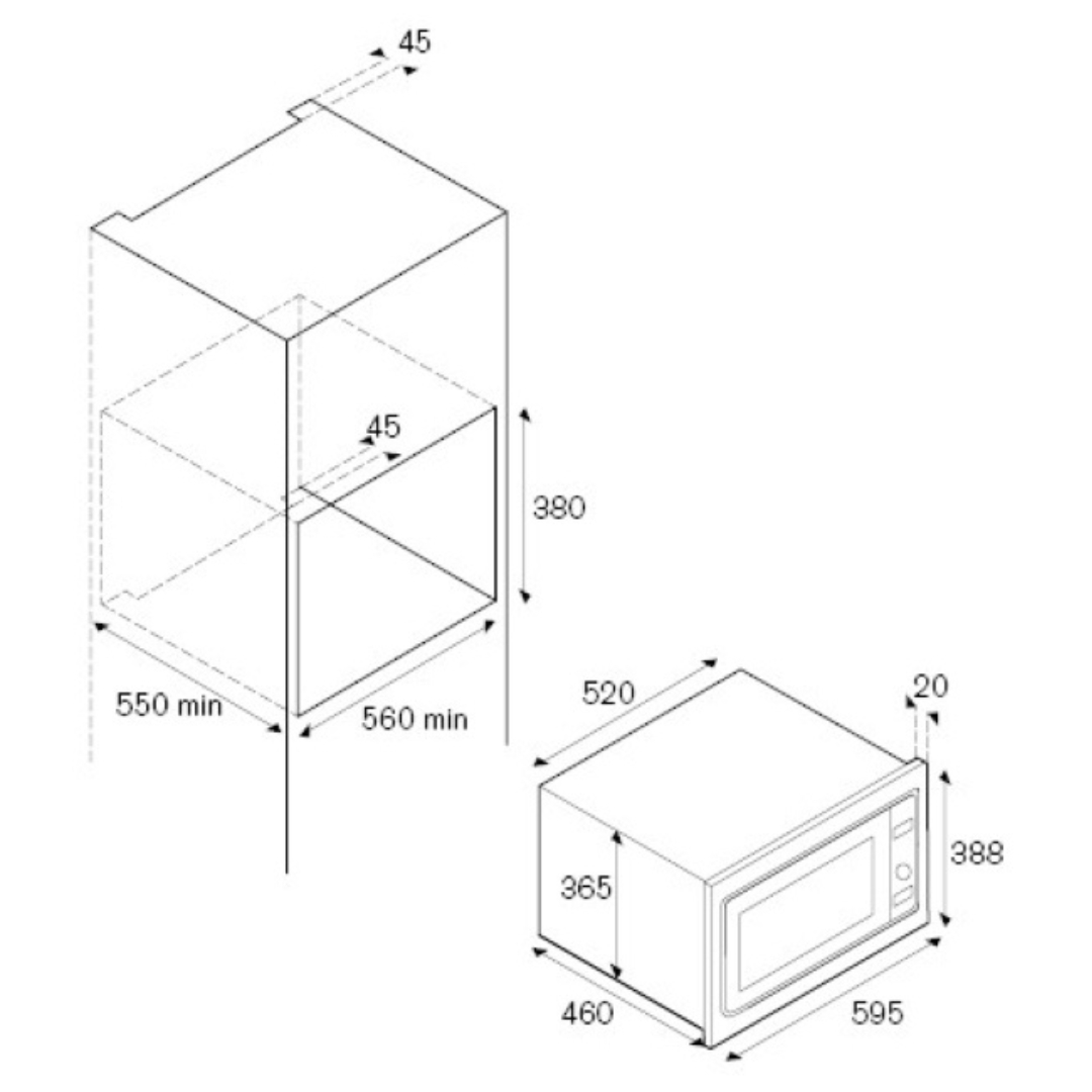 Disegno tecnico di un forno da incasso con dimensioni.