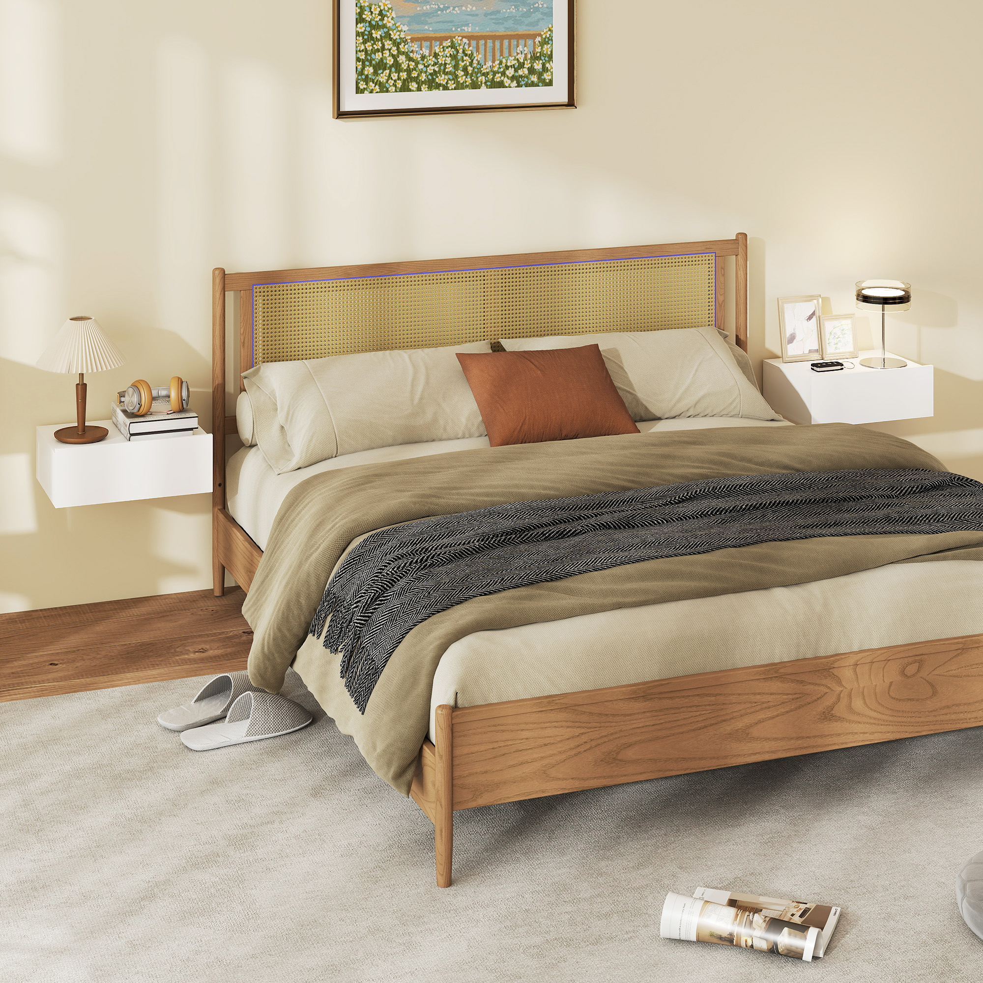 Una camera da letto accogliente con letto in legno, testiera in rattan, biancheria beige.