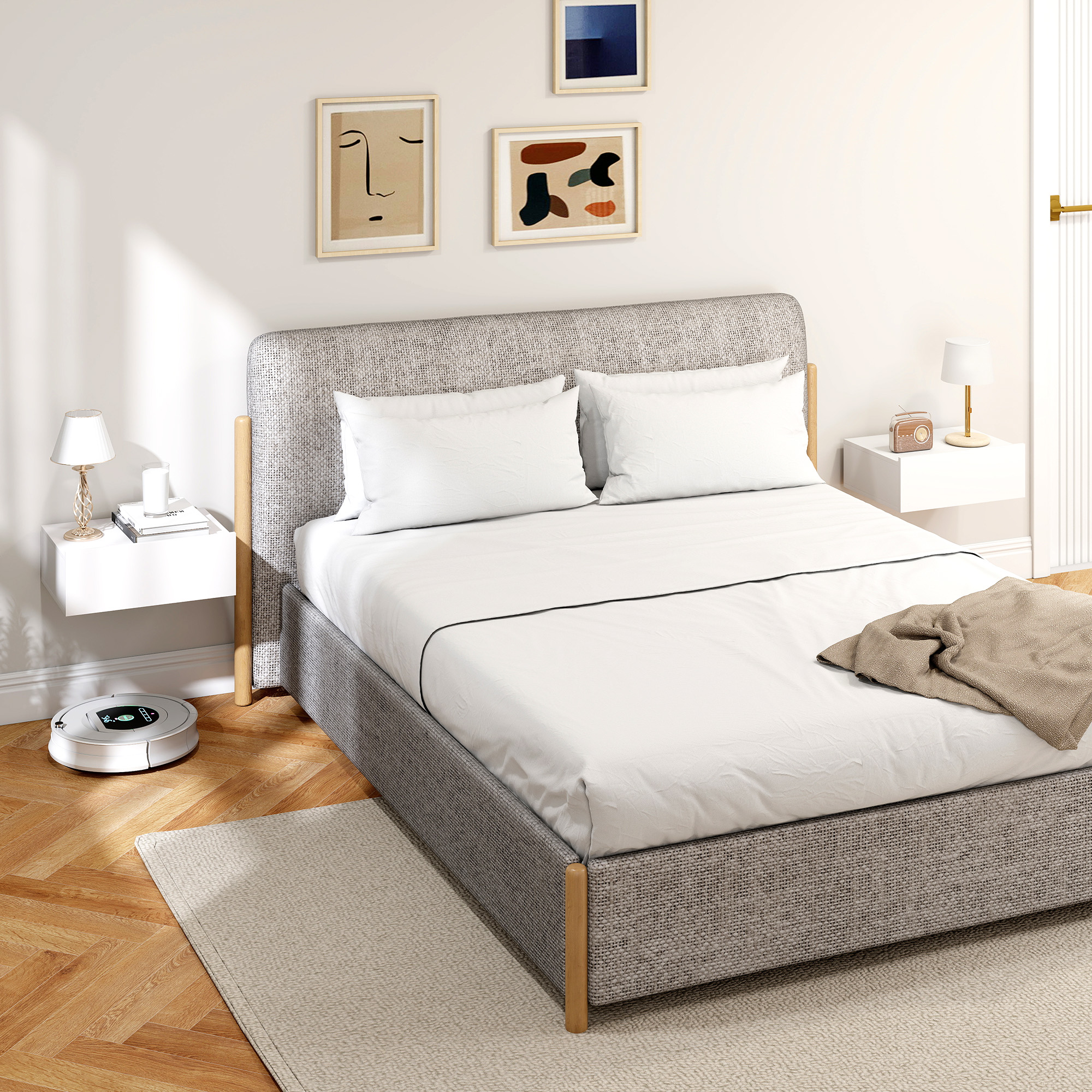 Un dormitorio con cama, mesitas de noche, arte y un robot aspirador.