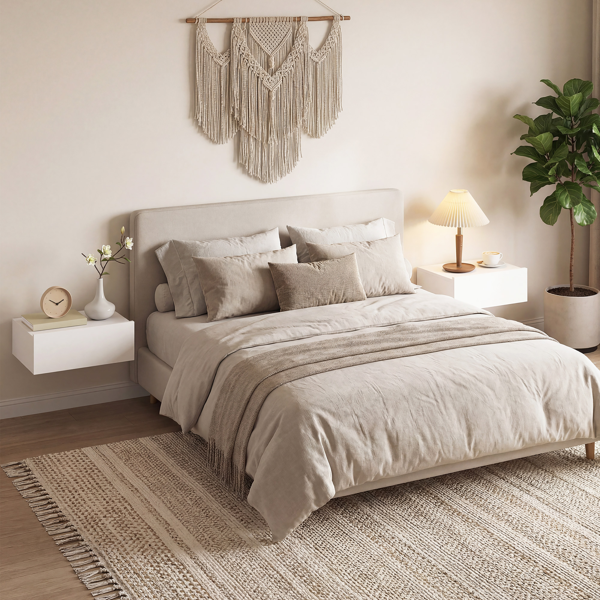 Un dormitorio con cama, mesitas de noche, lámpara, planta y tapiz de macramé.