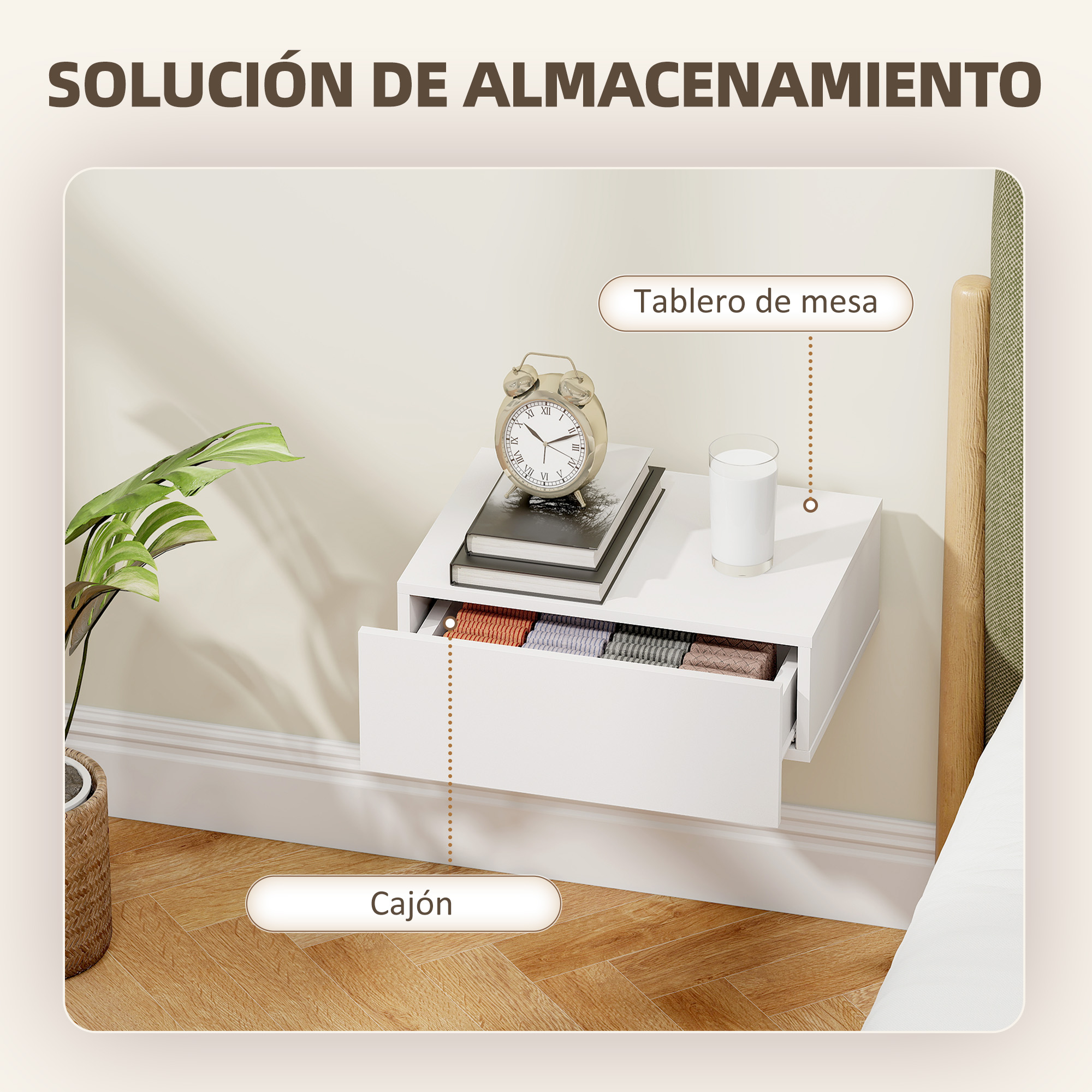 Un estante blanco de pared con cajón, reloj, libro y vaso de leche.