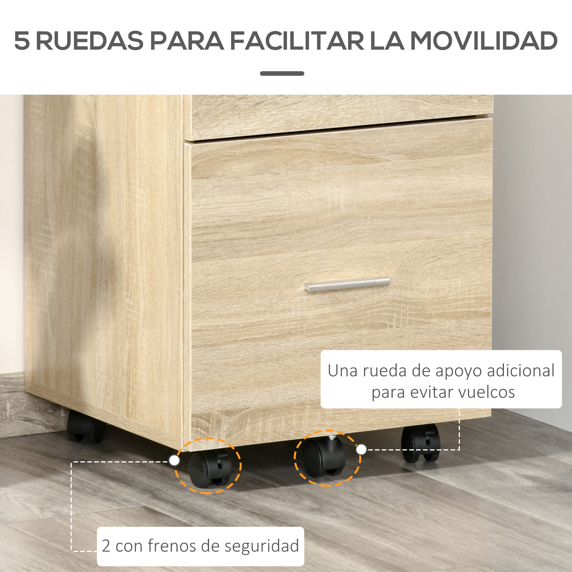 Un archivador con ruedas. Cinco ruedas, dos con frenos.