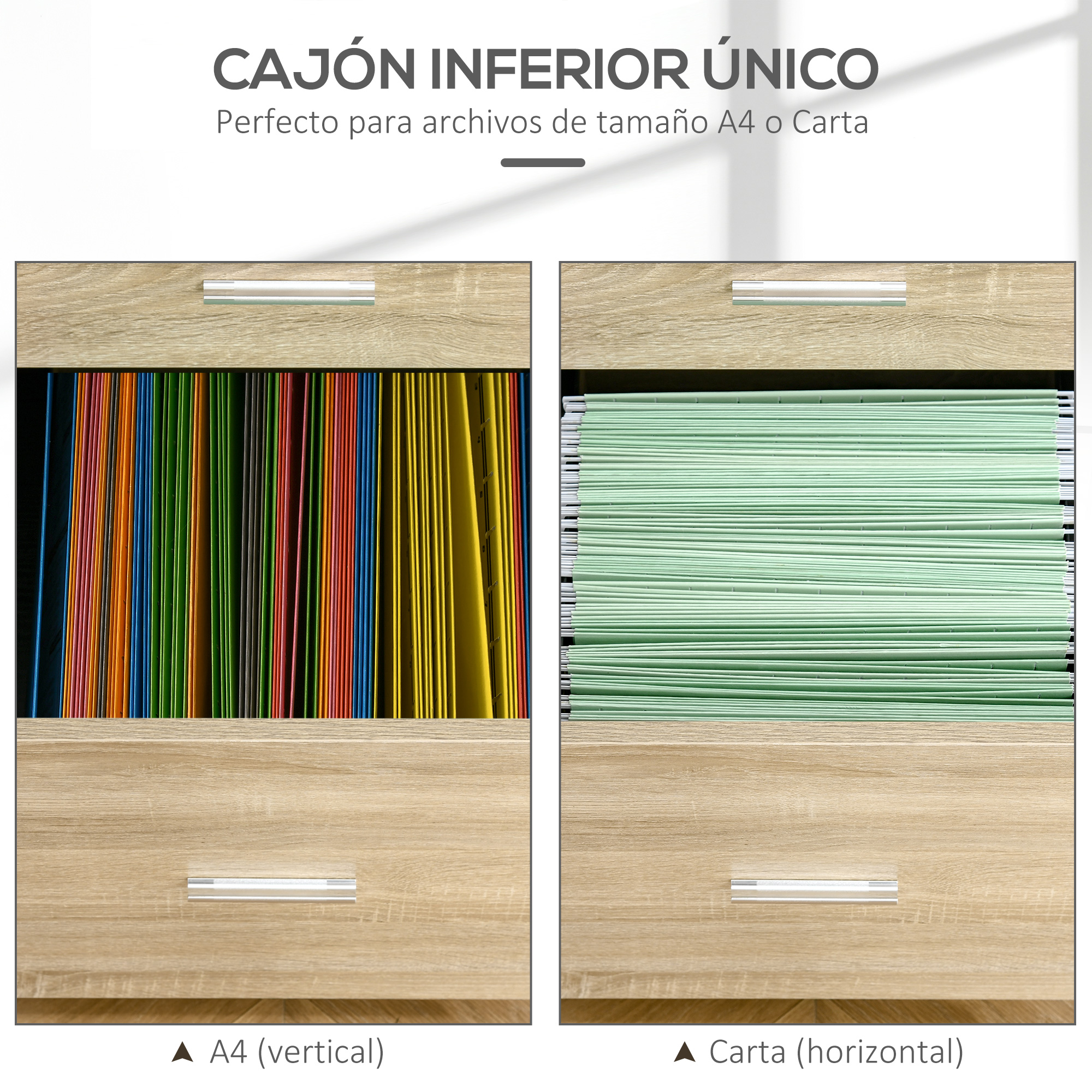 Dos cajones con carpetas: verticales coloridas a la izquierda, horizontales verdes a la derecha.