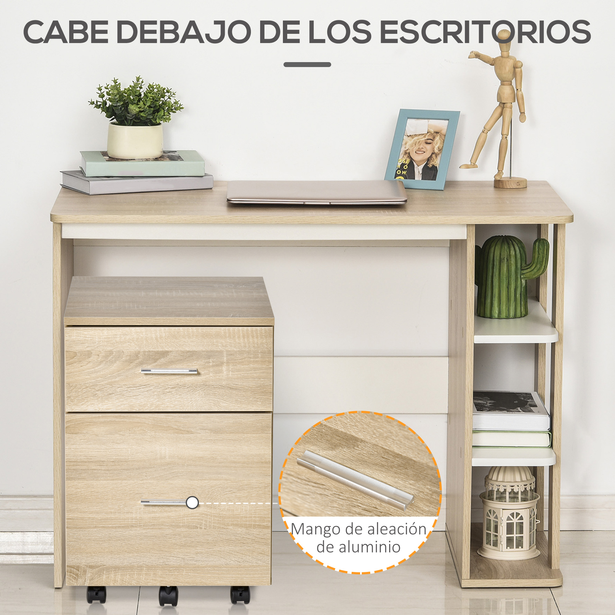 Escritorio con cajones, portátil, planta, foto y decoración.