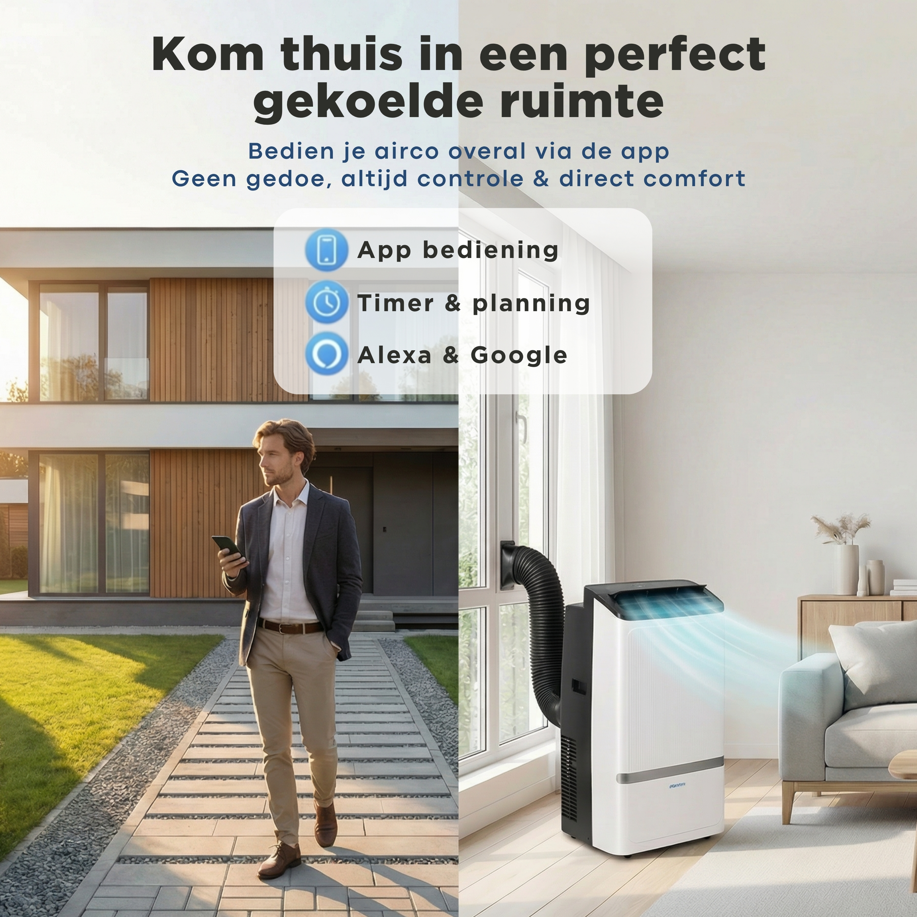 Man walks outside modern house; AC unit blows cool air inside.