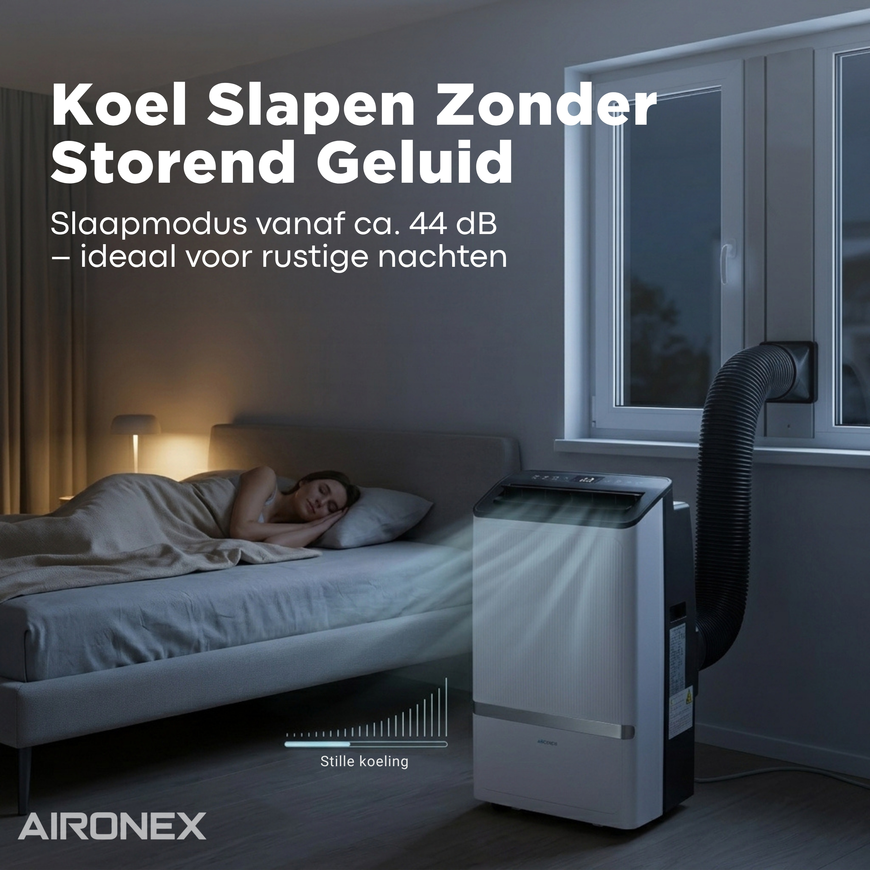 A woman sleeps in a dark bedroom next to a quiet air conditioner.