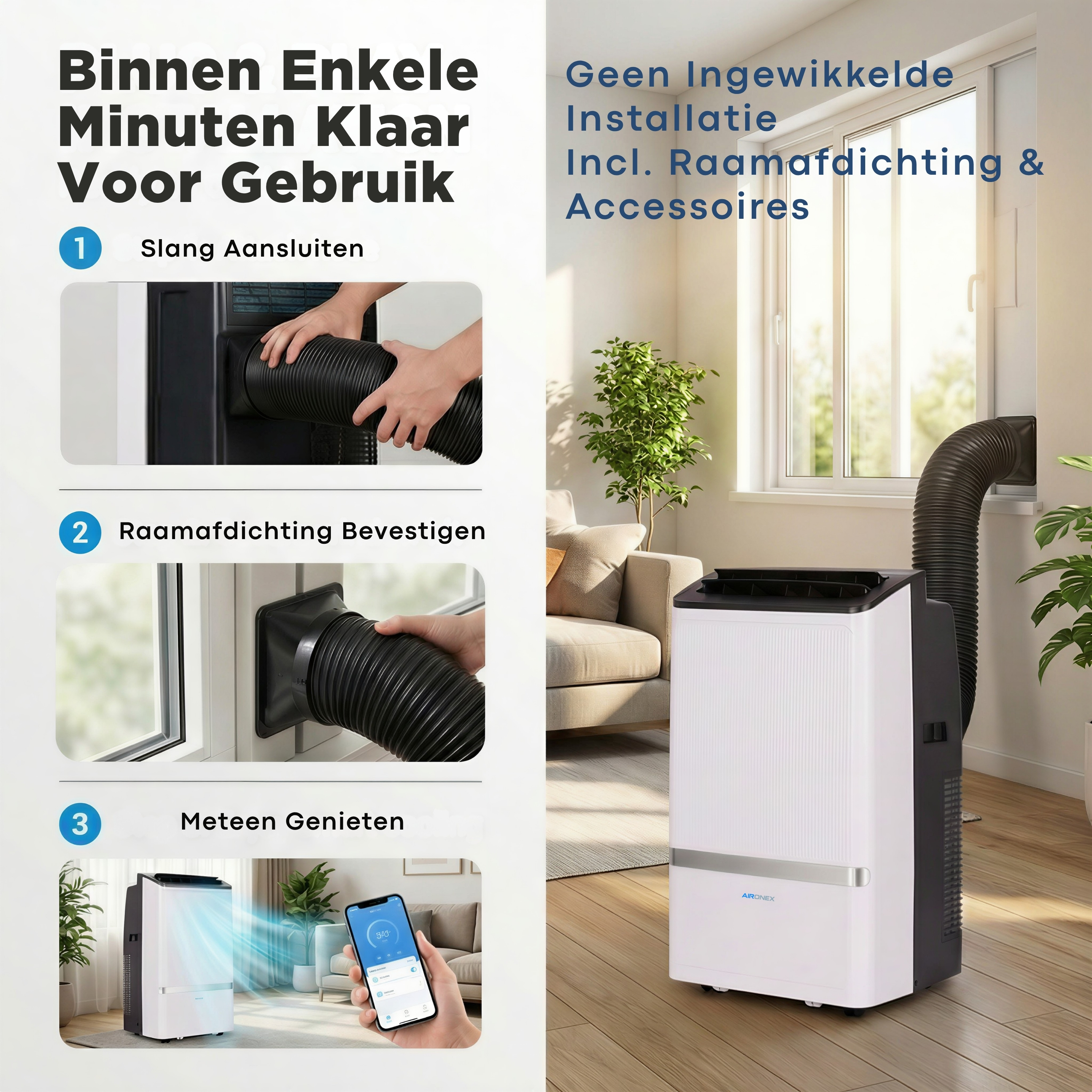 Portable air conditioner with hose connected to window seal in a room.