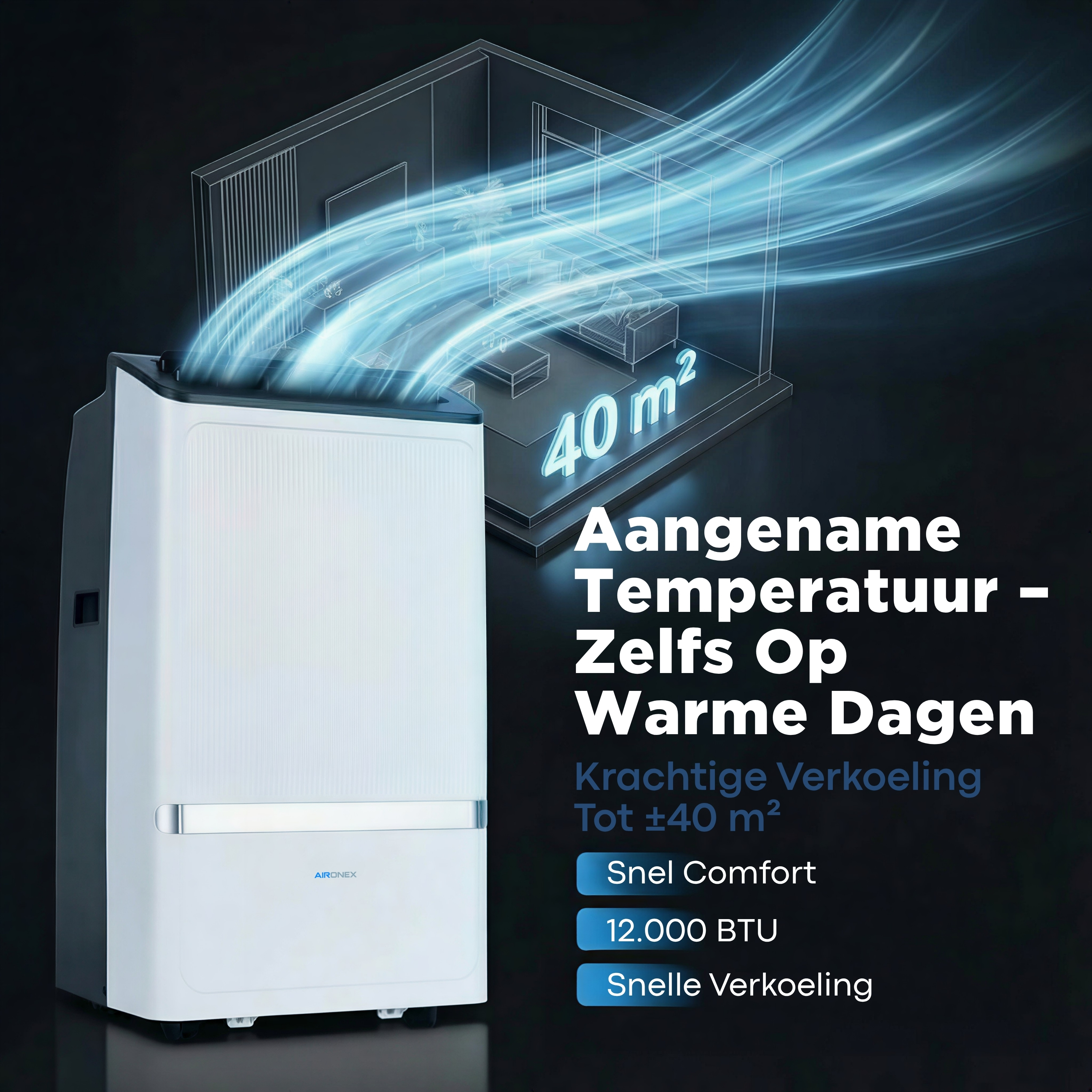 A white portable air conditioner cools a 40m² room with blue air streams.