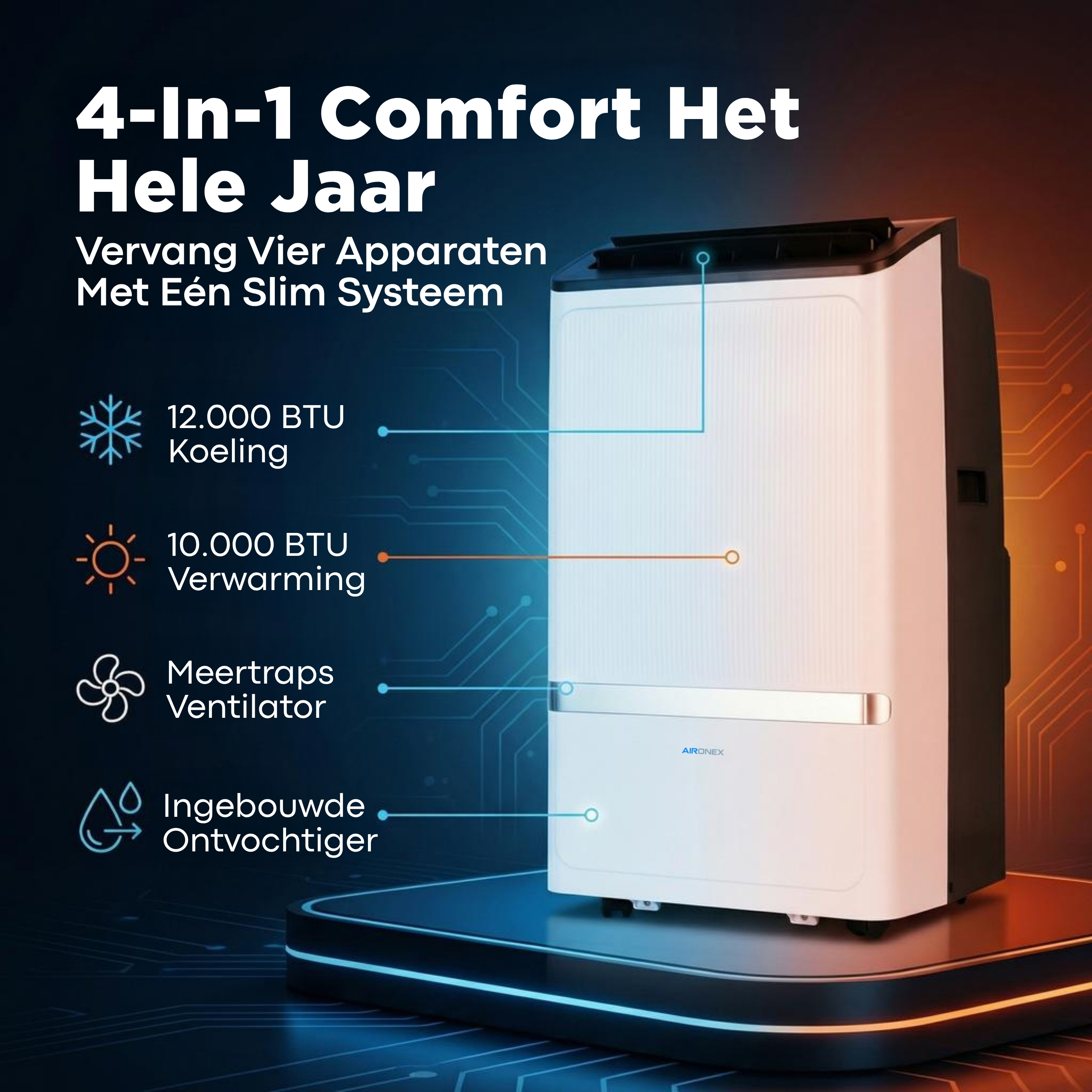 A white 4-in-1 air conditioner tower with blue and orange lighting effects.