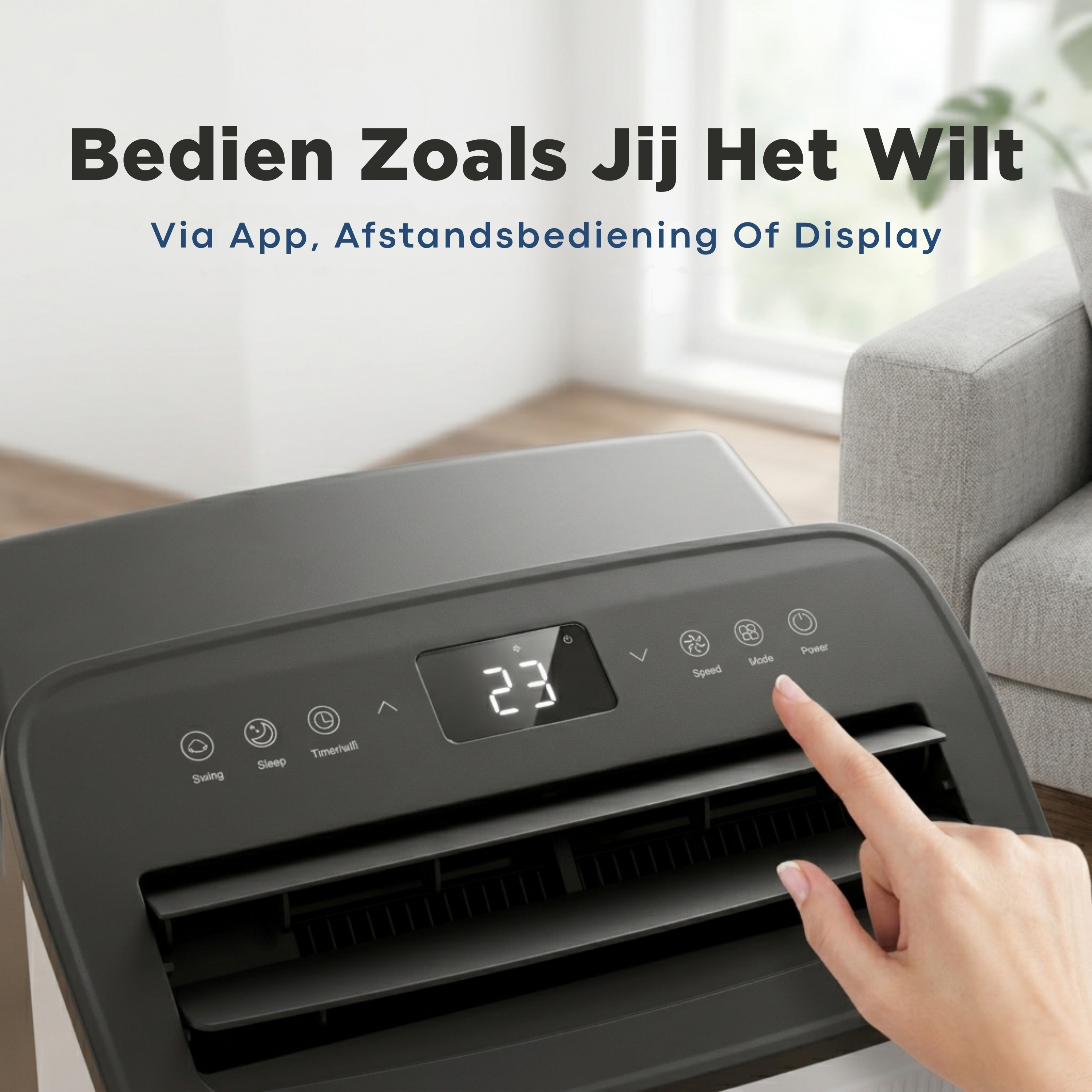 A hand operates an air conditioner with a digital display and icons.