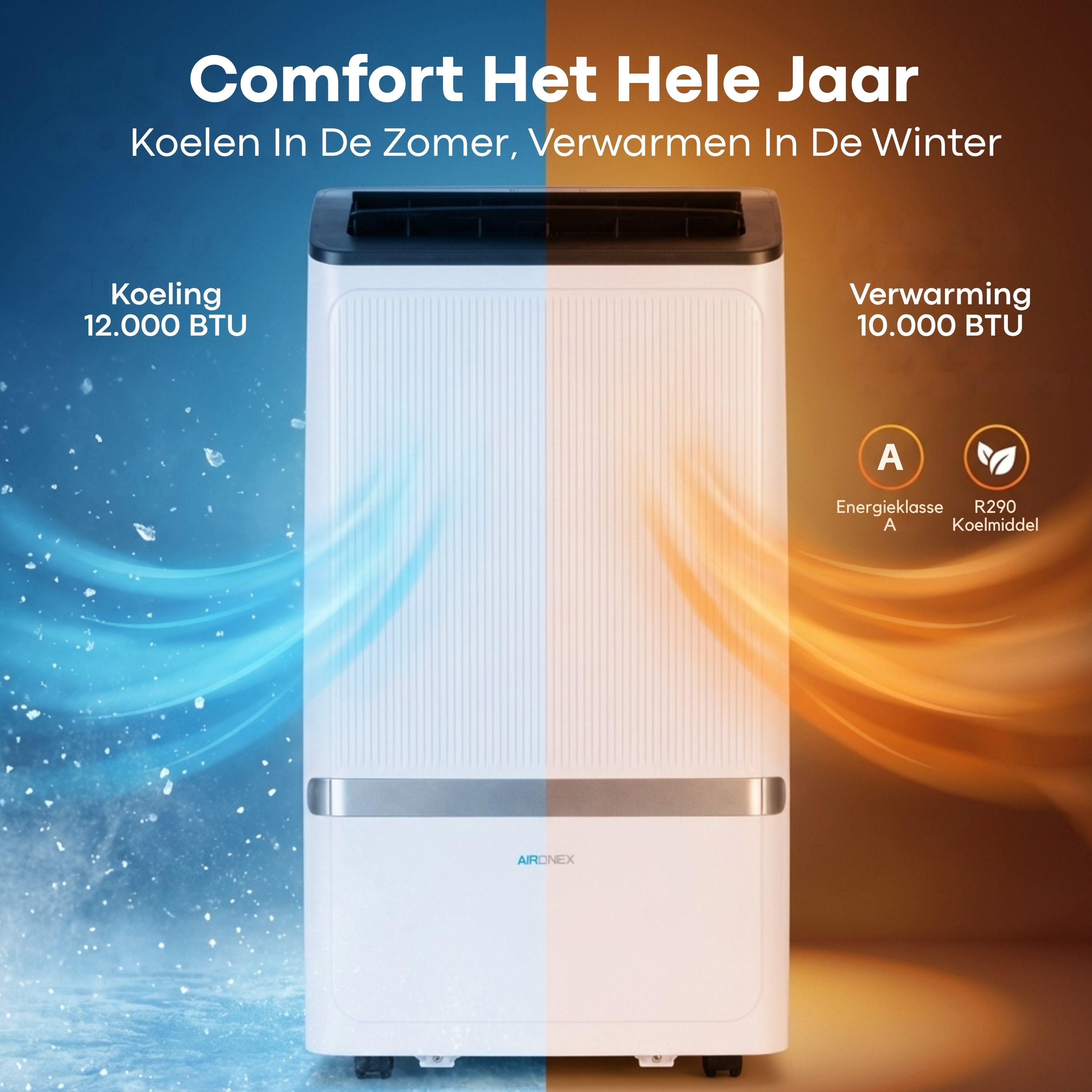 An air conditioner with cooling and heating, energy class A.