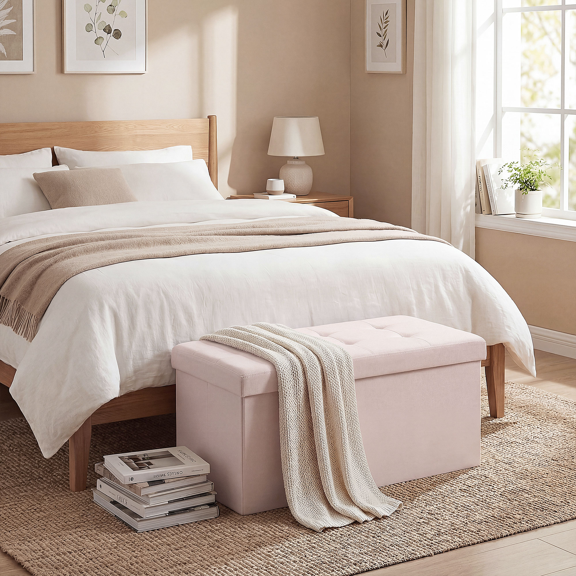 Un otoman de almacenamiento rosa se sienta ante una cama con ropa blanca.