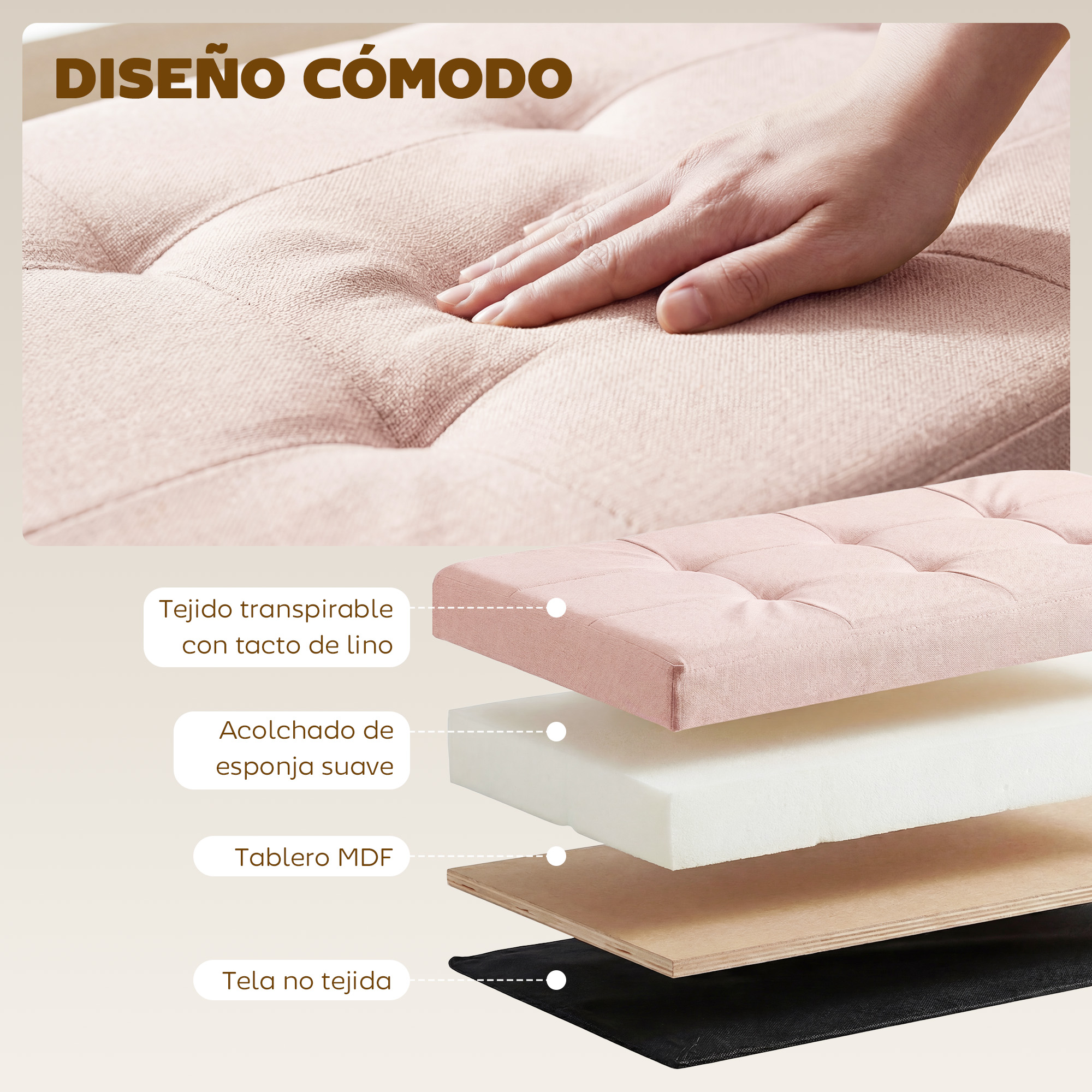 Una mano presiona material rosa abotonado, mostrando capas de construcción.