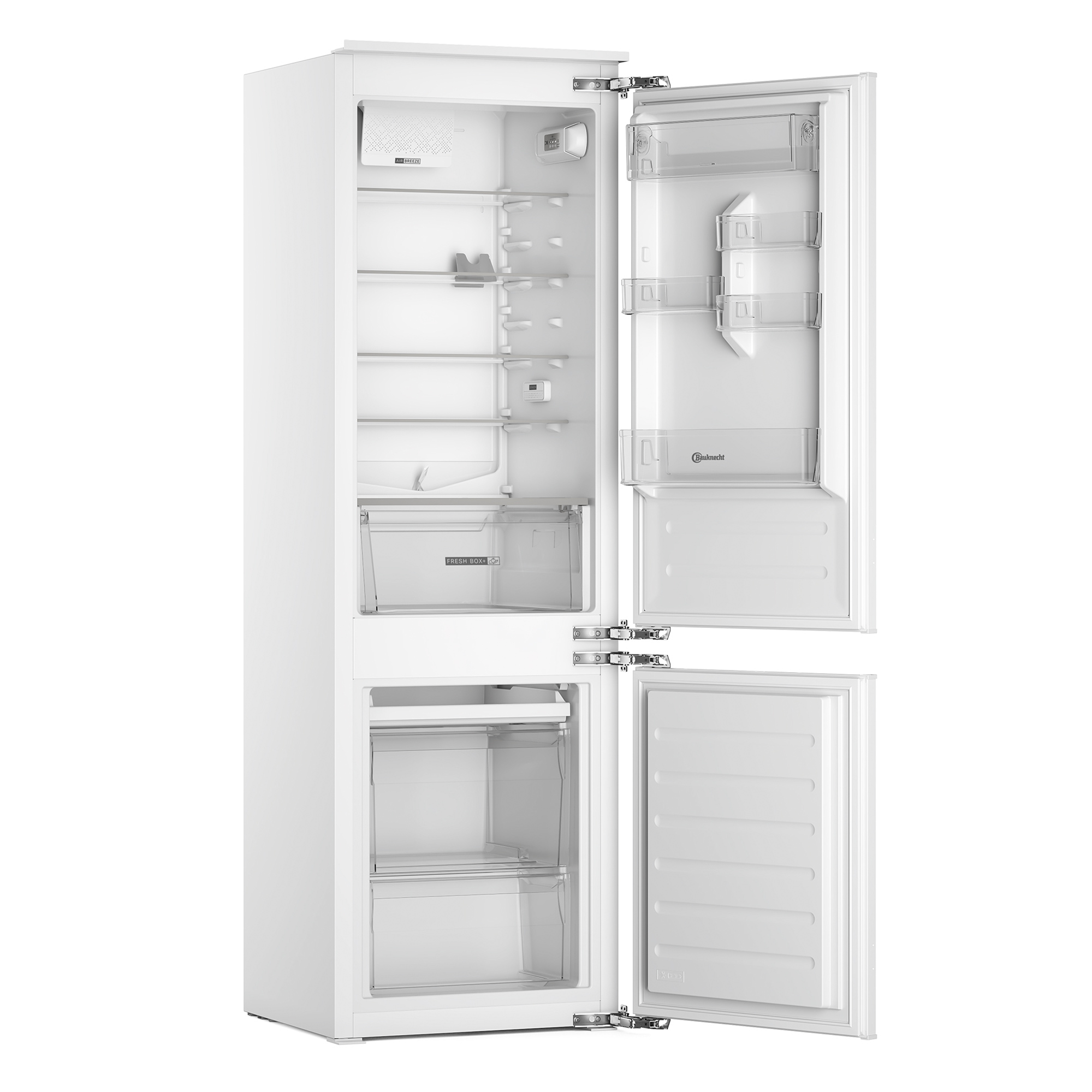 Ein weißer Kühlschrank mit geöffneten Türen, leer.