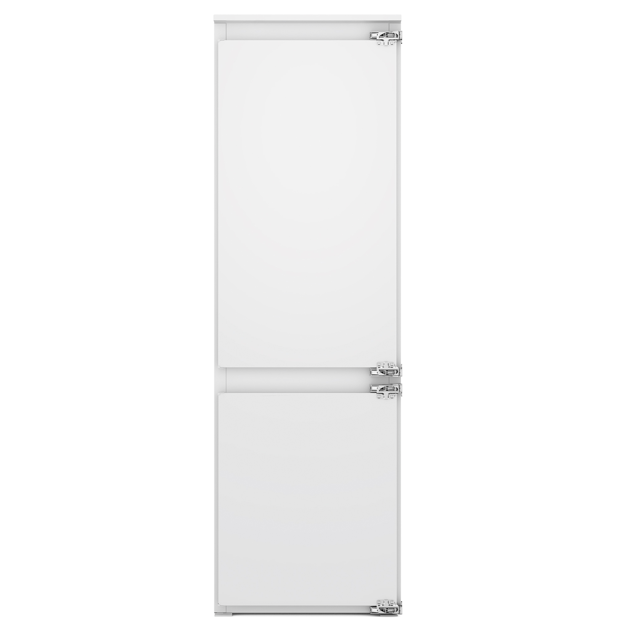 Ein weißer Kühlschrank mit zwei Türen und silbernen Scharnieren.