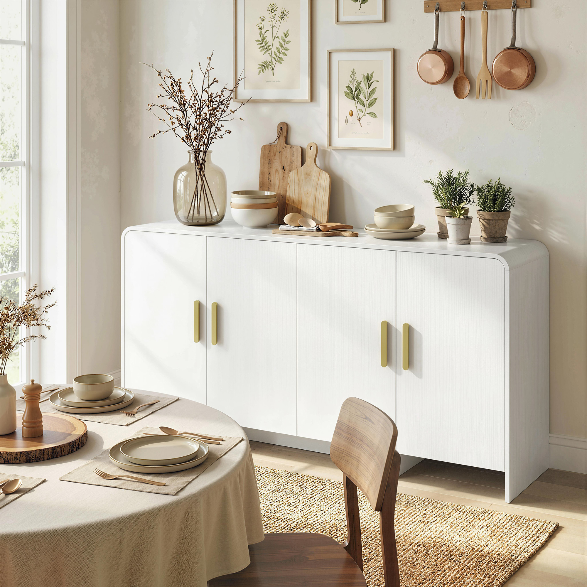 Una escena de comedor con mesa redonda, aparador blanco, suelo de madera y decoración.
