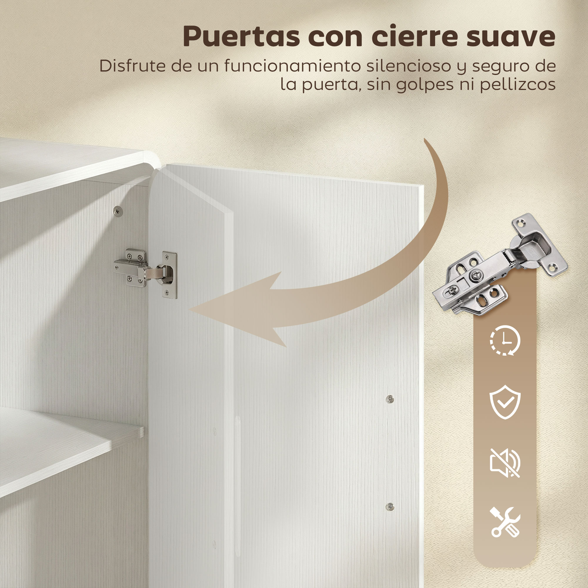 Una bisagra con una flecha apuntando a una puerta blanca.