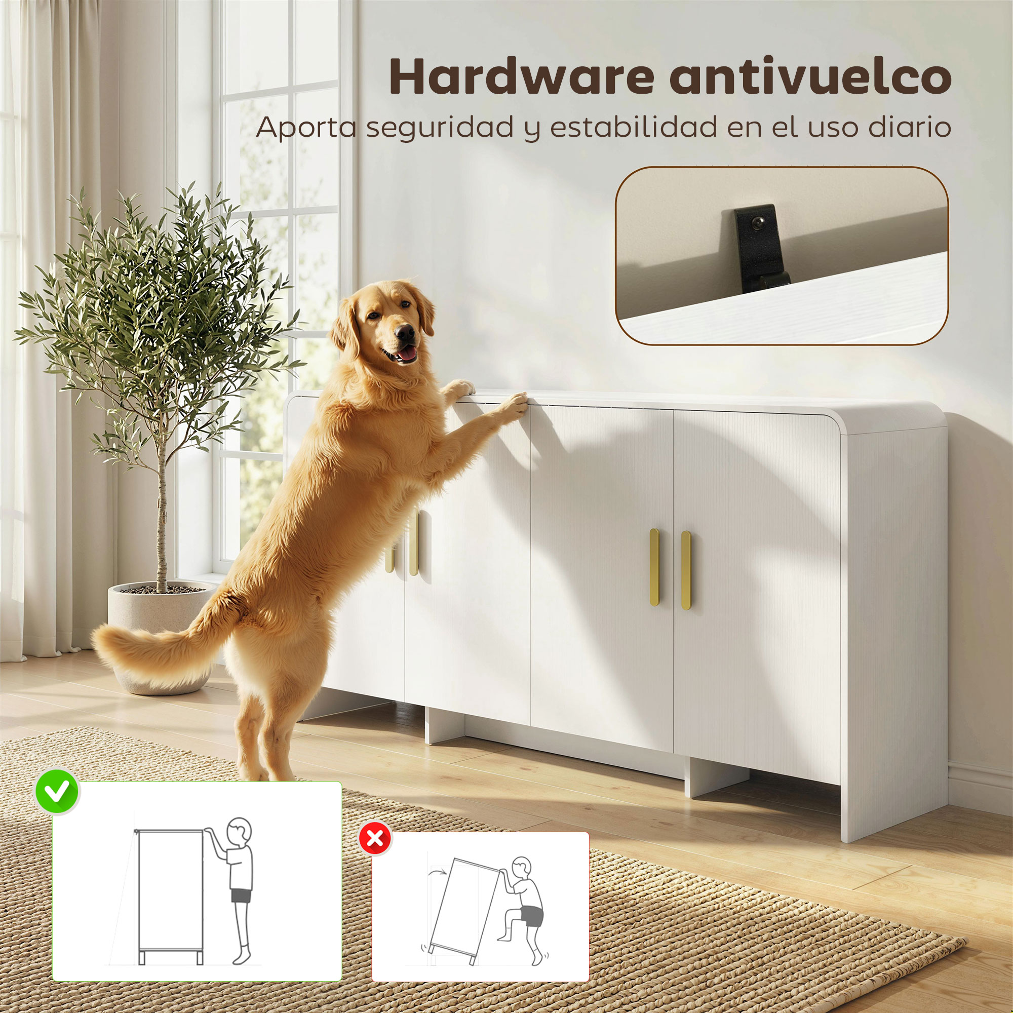 Un golden retriever se apoya en un mueble blanco junto a una planta en maceta.