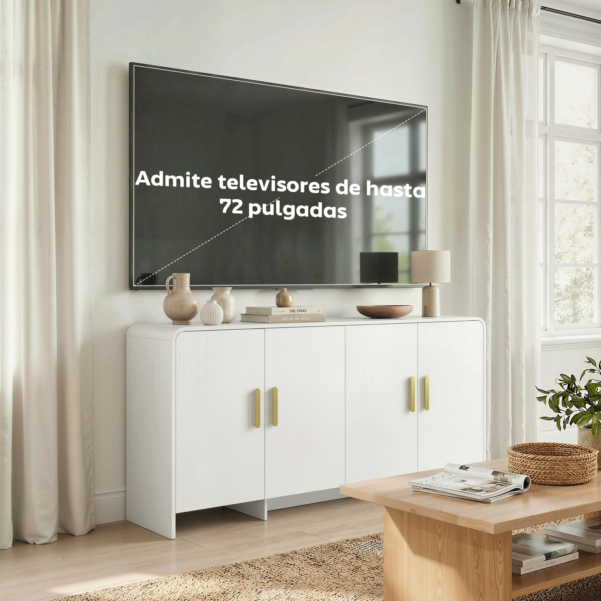 Una sala de estar moderna con un aparador blanco, TV y mesa de centro.