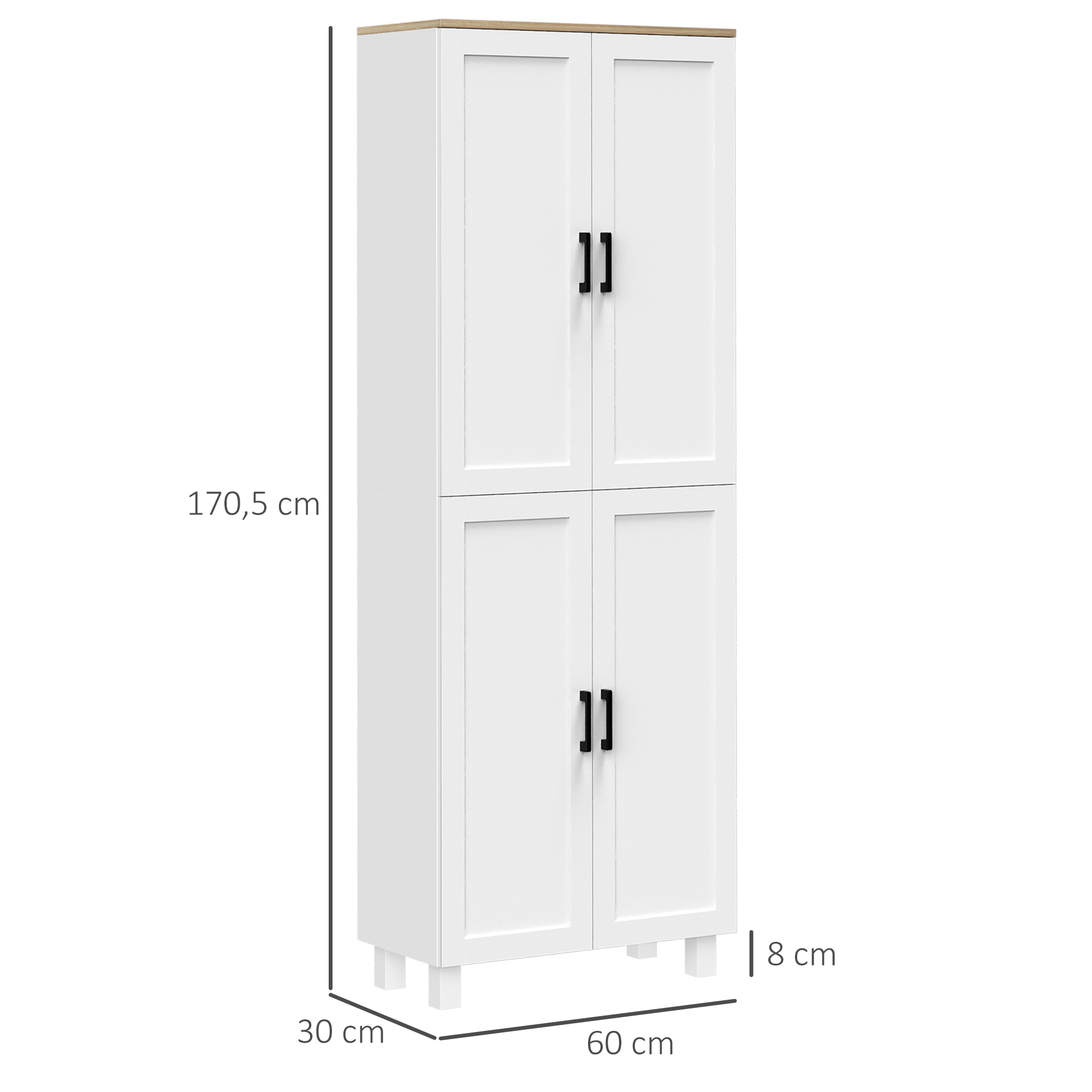 Armario blanco alto con cuatro puertas y tapa de madera. Dimensiones: 170,5x60x30 cm.