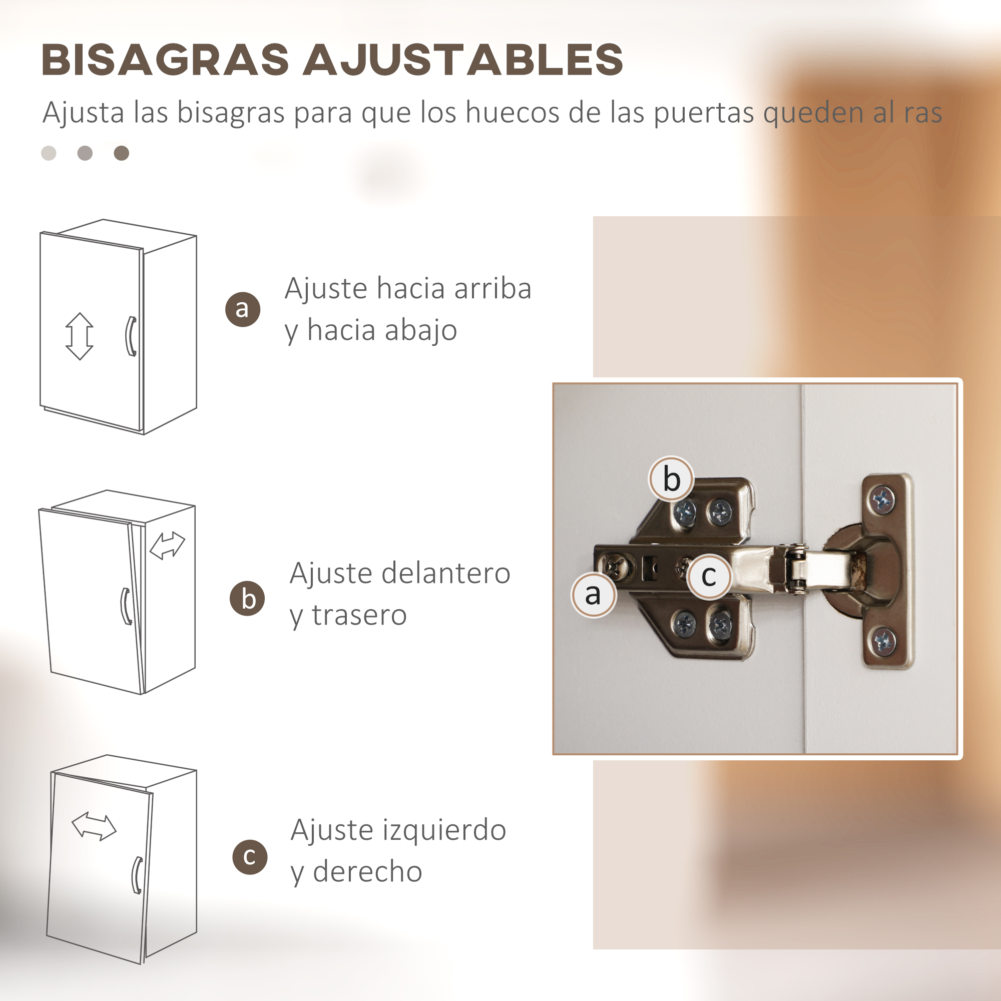 Ilustraciones de bisagras y puertas con instrucciones de ajuste.