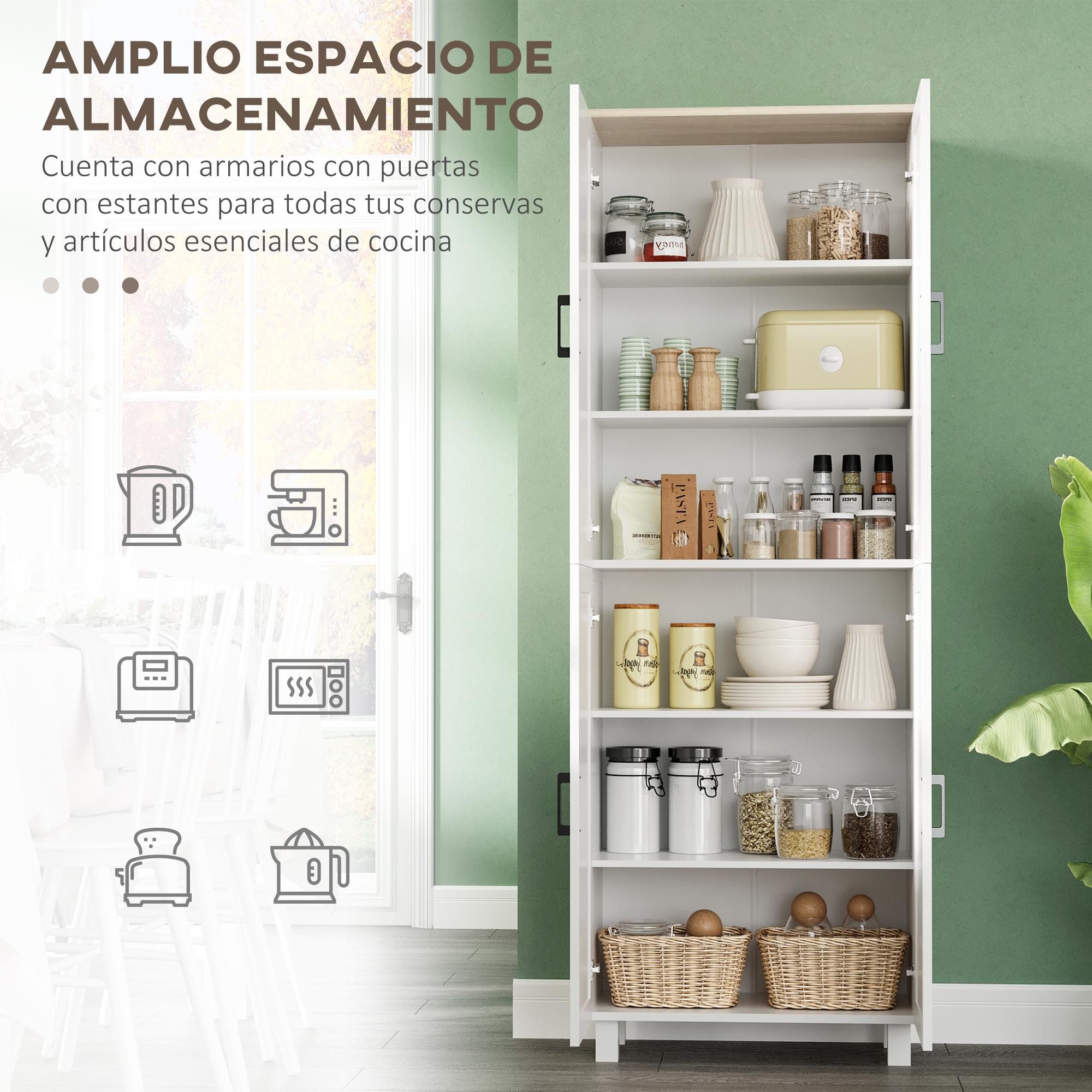 Un armario de cocina blanco con puertas abiertas, lleno de despensa y utensilios.