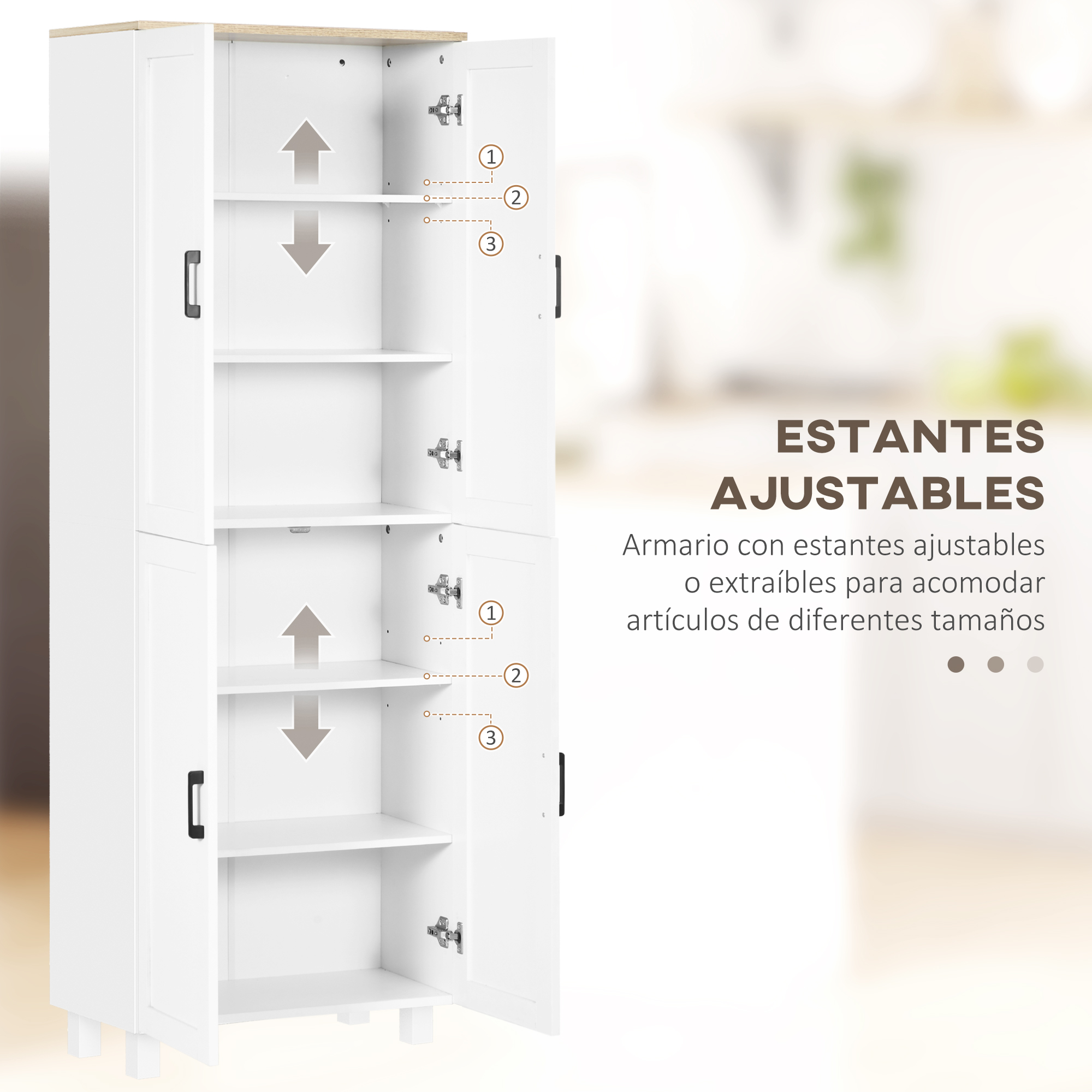 Un armario blanco con puertas abiertas muestra estantes ajustables con flechas.