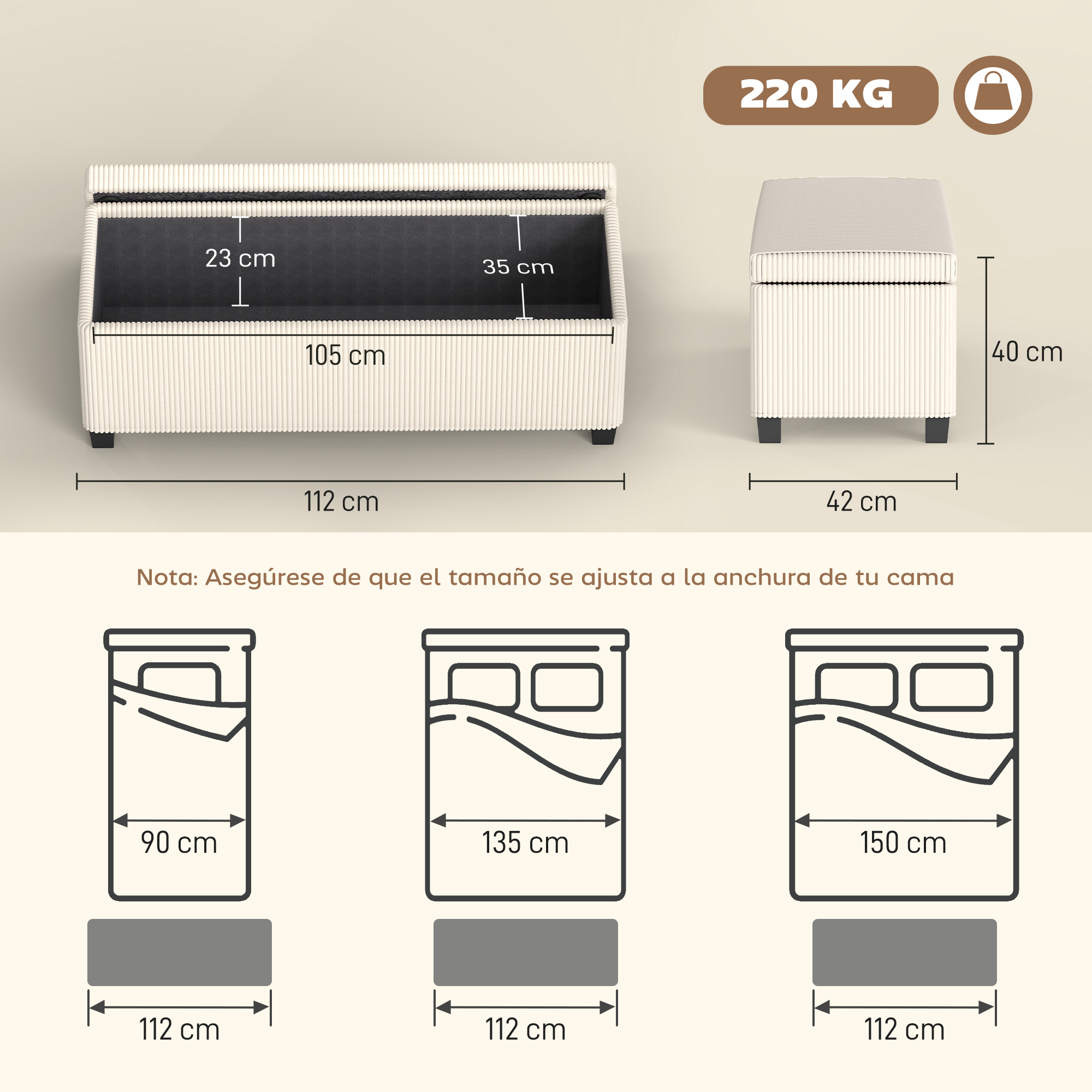 Dimensiones de un otomano de almacenamiento blanco de 220 kg y tamaños de cama.