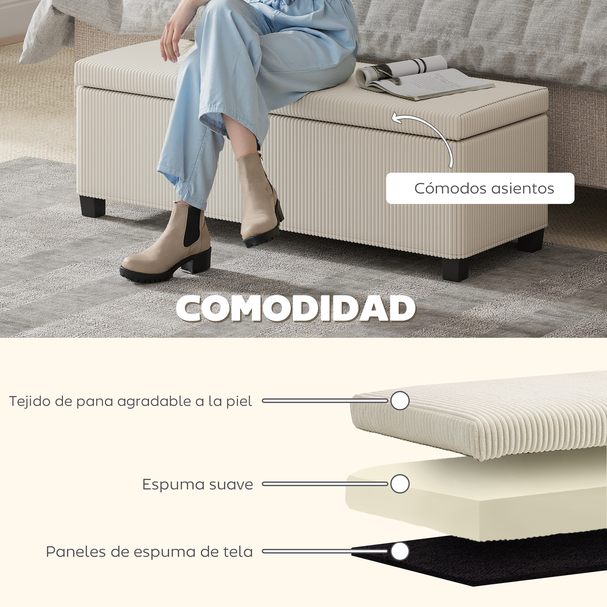 Un banco de almacenamiento beige con textura acanalada, con una persona sentada.