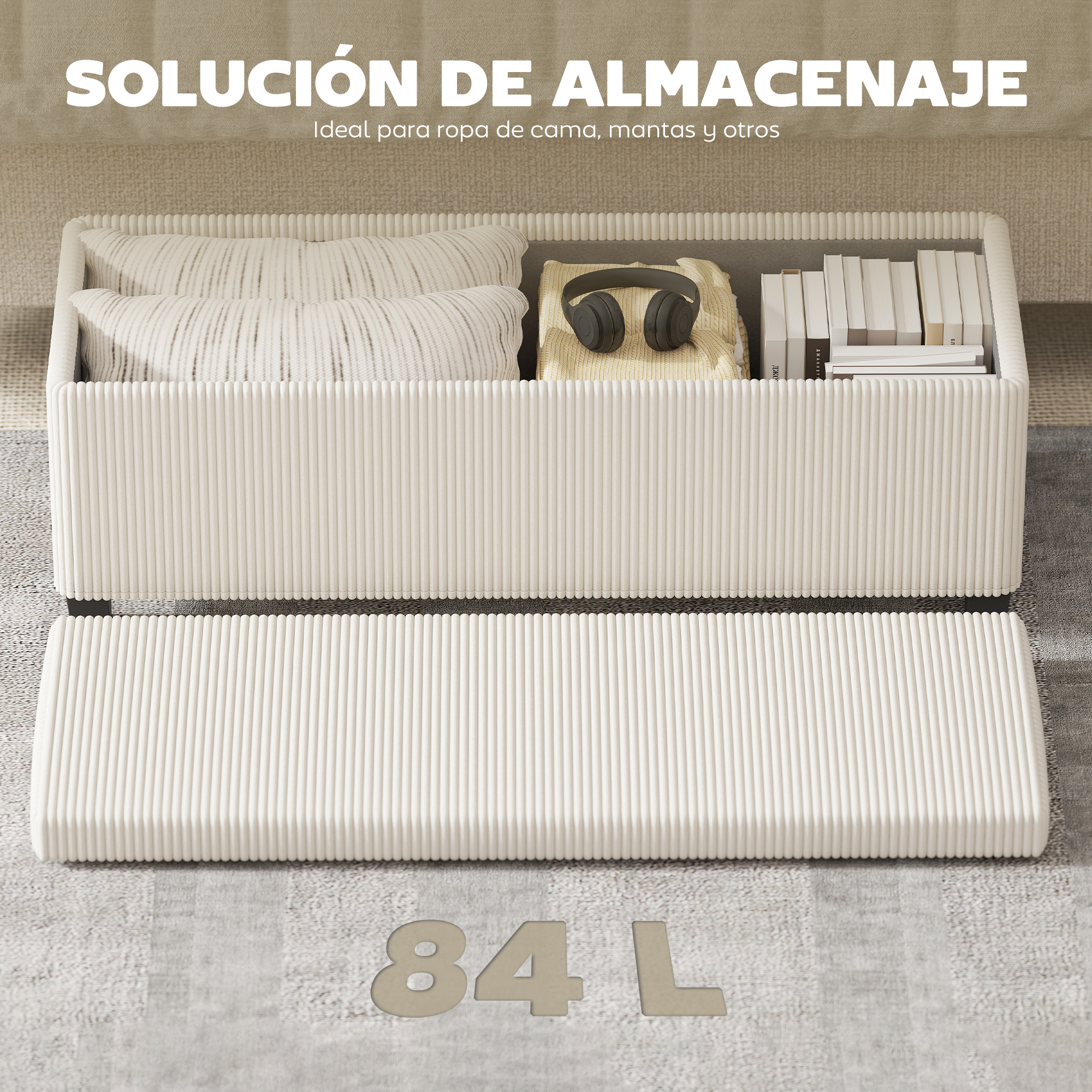 Banqueta de almacenamiento blanca con cojines, audífonos, libros y 84 L.