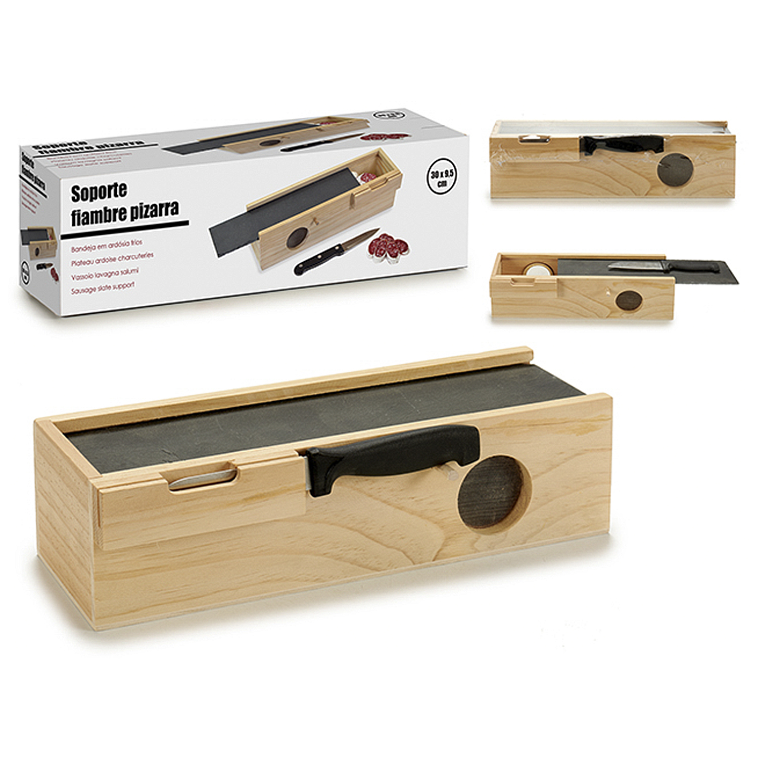 Tagliere per salumi in legno con inserto in ardesia e coltello. Scatola mostra dettagli.