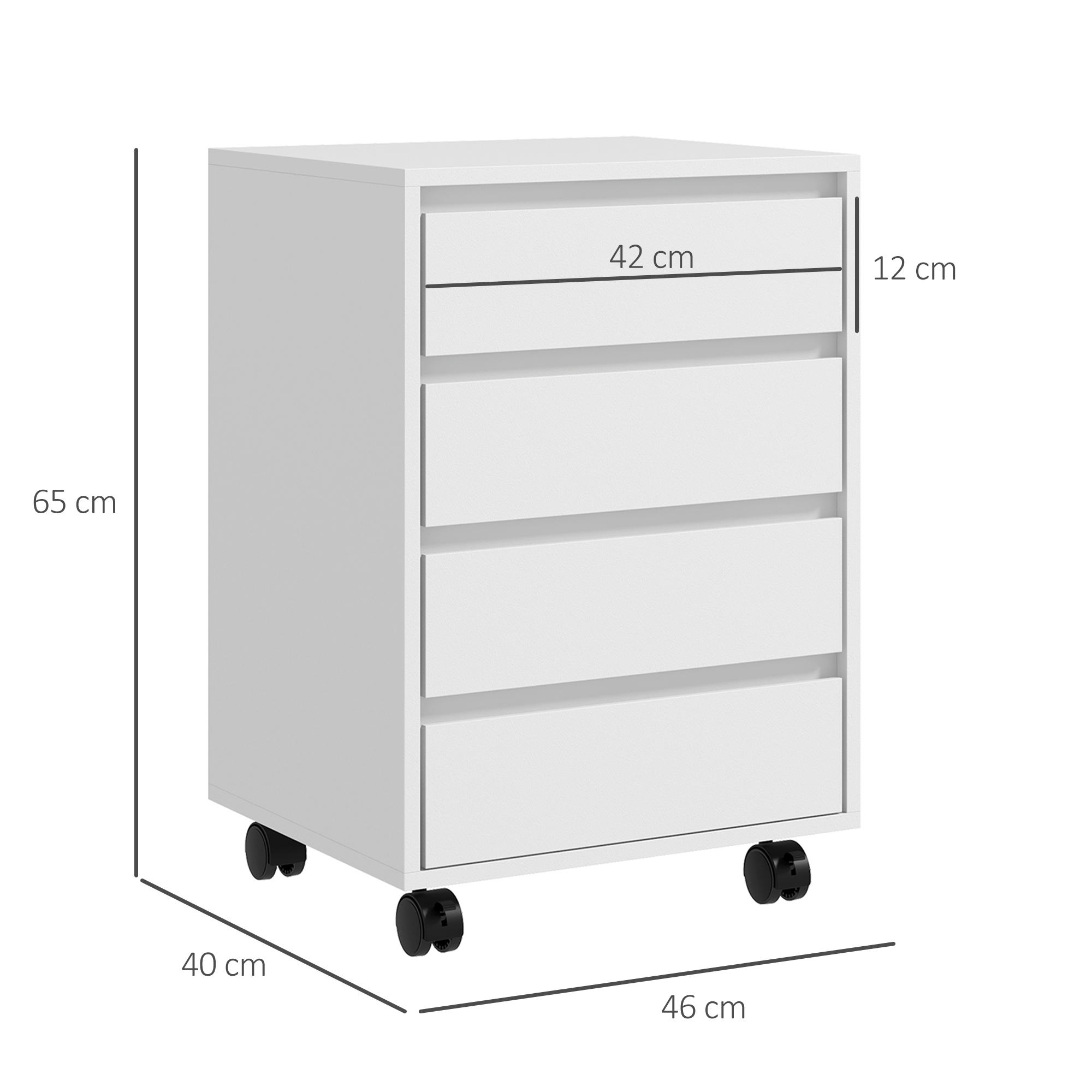 Un archivador blanco con ruedas y cinco cajones, medidas 65x46x40cm.