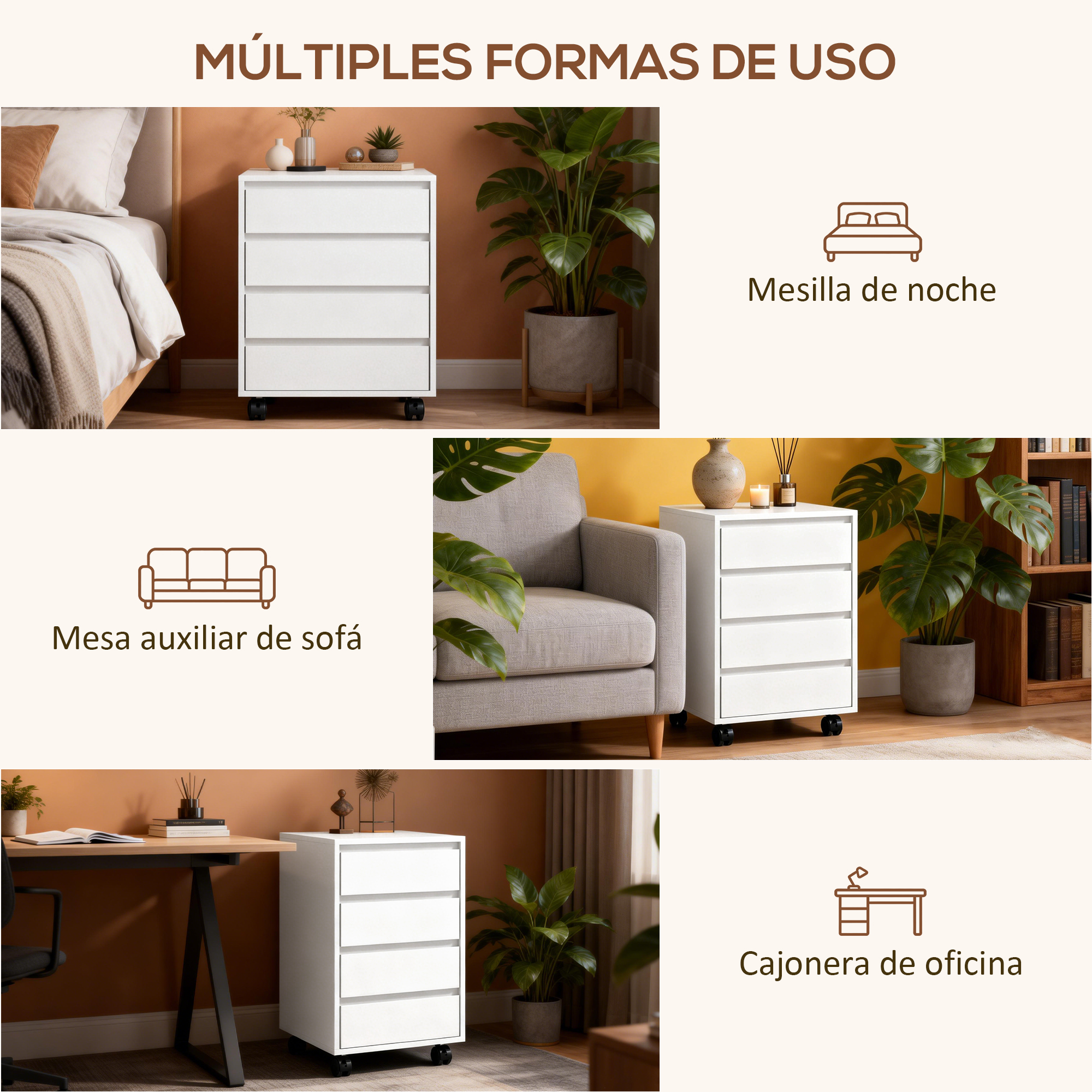 Un mueble de cajones blanco con ruedas se muestra en dormitorio, sala y oficina.