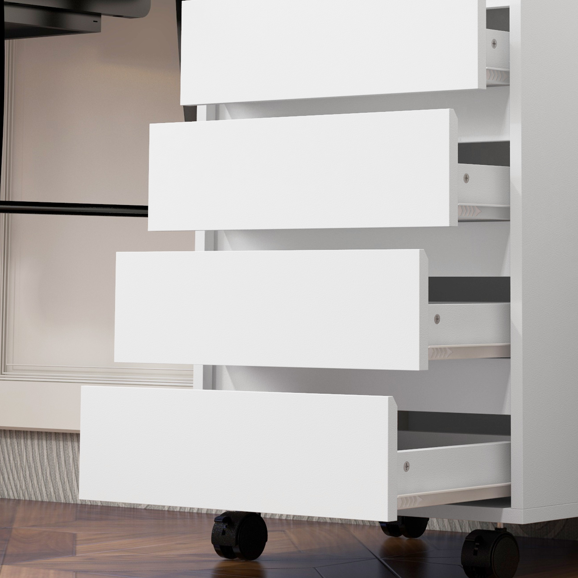 Un archivador blanco de cuatro cajones con ruedas está sobre un suelo de madera.