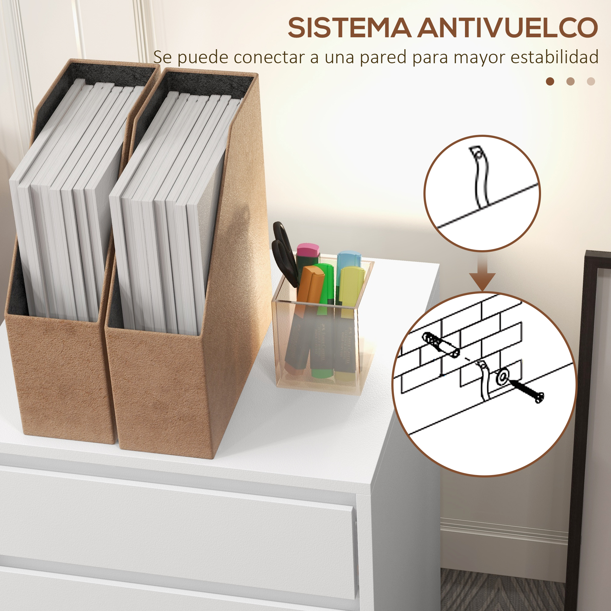 Dos archivadores marrones en mueble blanco con bolígrafos y diagrama de montaje pared.