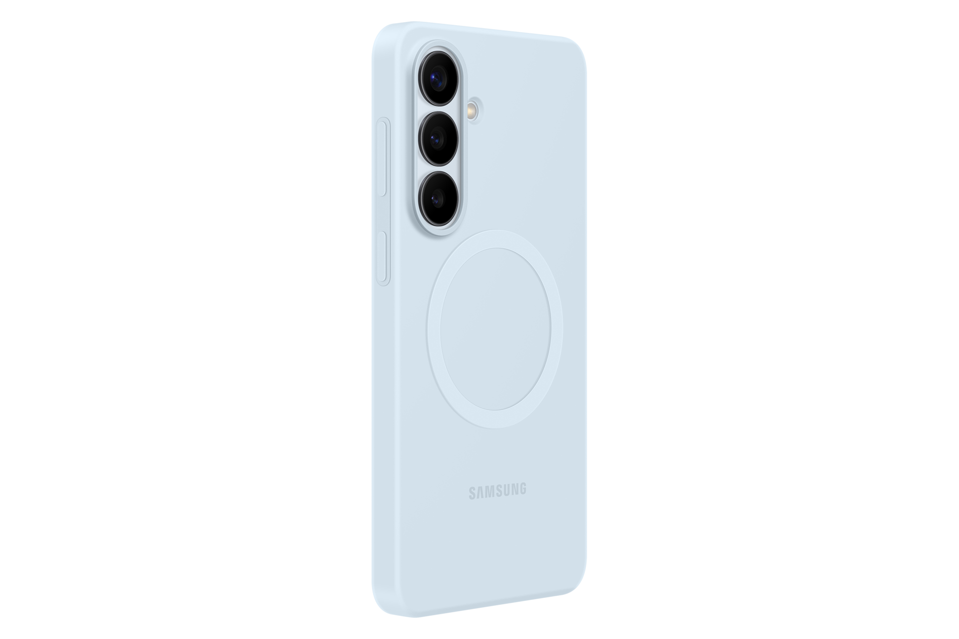 Helles blaues Handy-Case mit drei Kameras, Magnetring und Samsung-Logo.