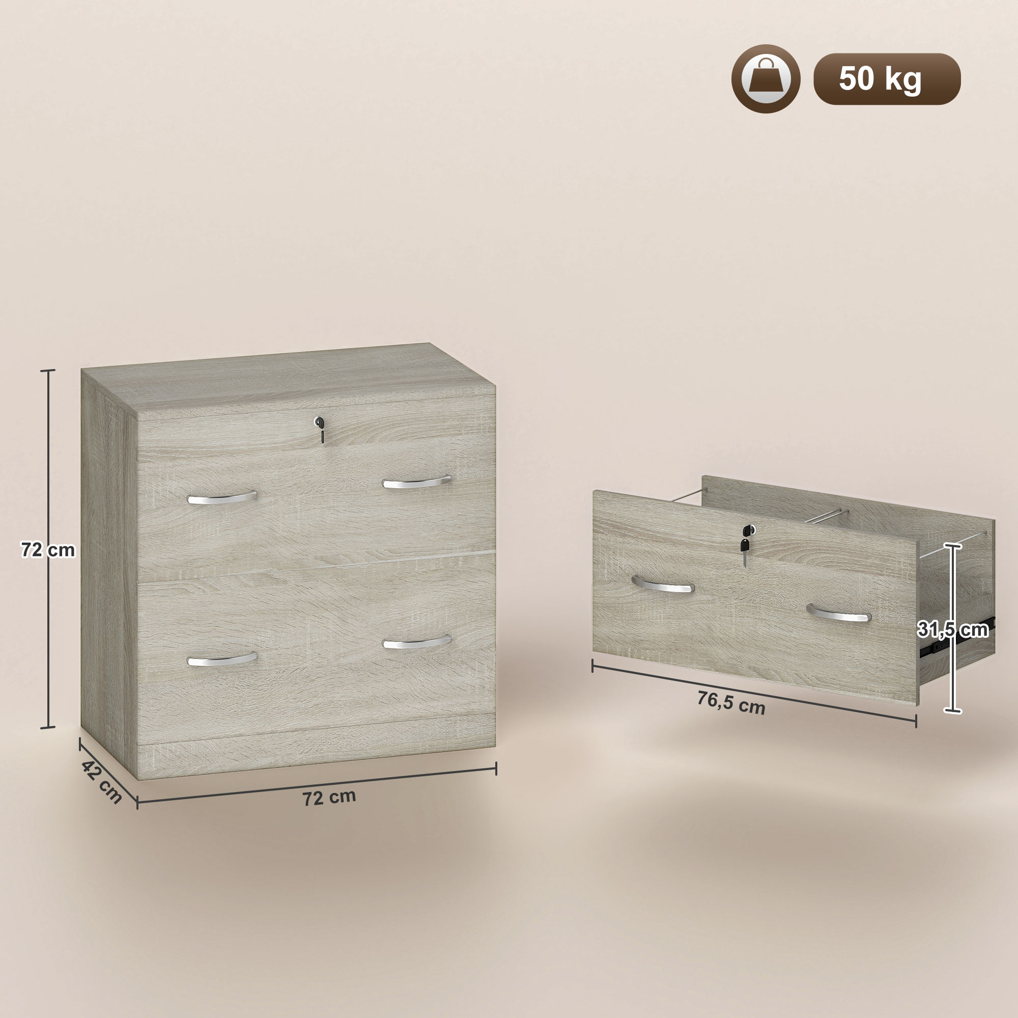 Mueble archivador de dos cajones en madera clara con tiradores plateados. Dimensiones: 72x42x76,5 cm.