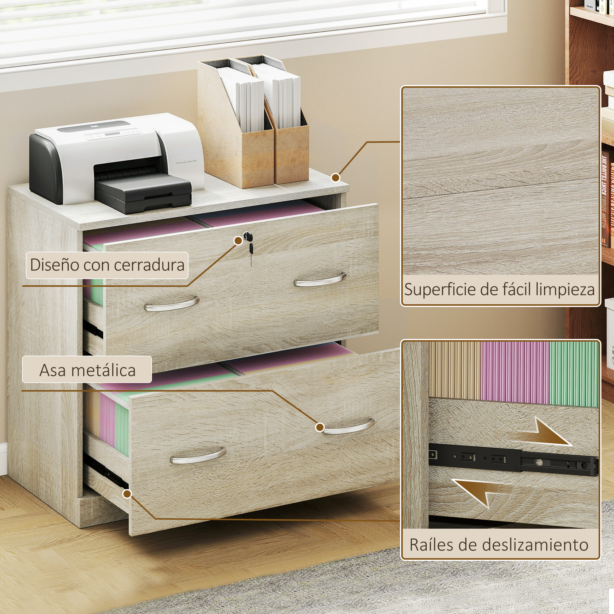 Un gabinete de madera clara con dos cajones, impresora, carpetas y libros.