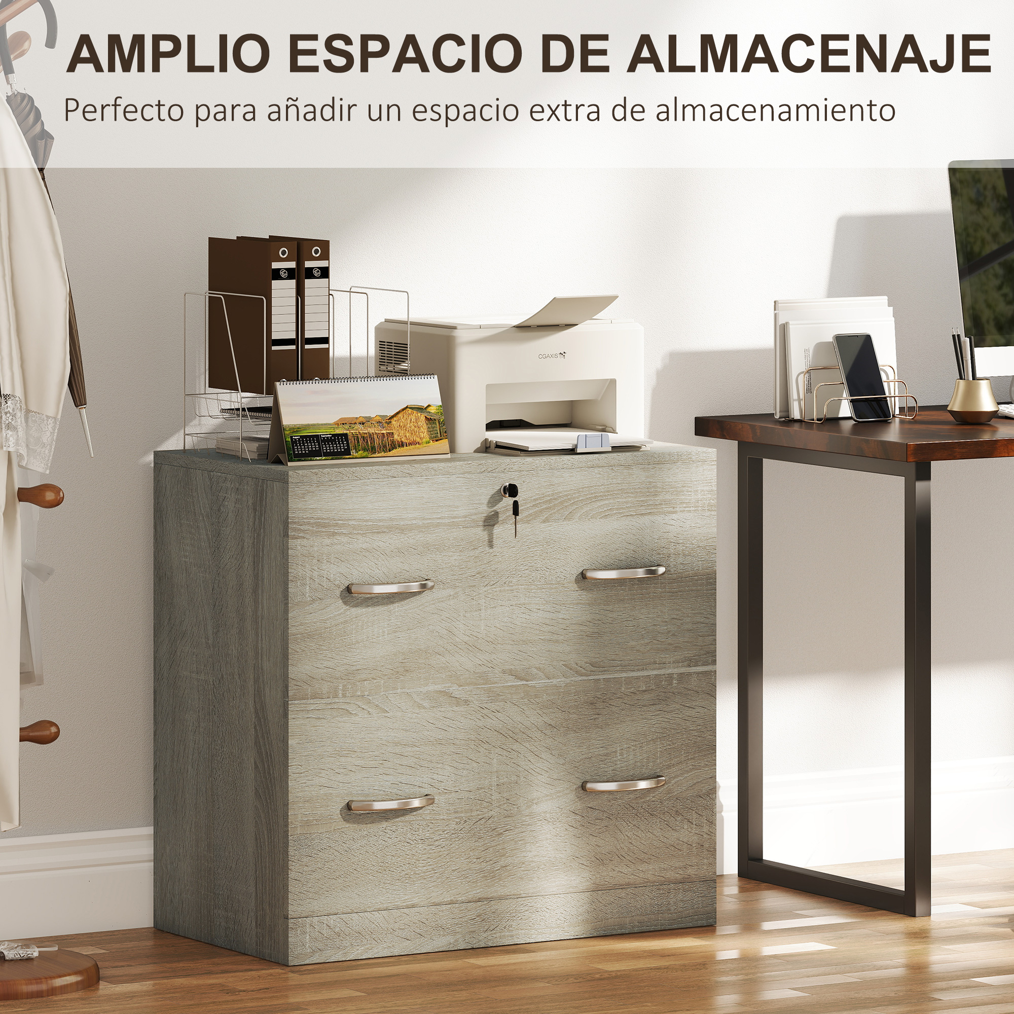 Oficina luminosa con archivador de madera y una impresora.