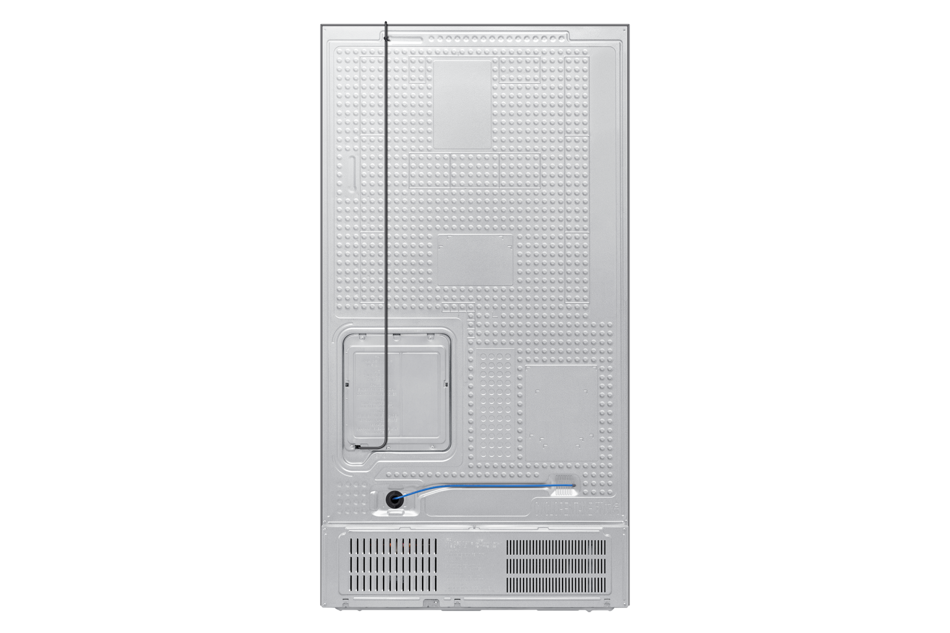 Back of a silver refrigerator with many small circles and vents. Minimalist design.