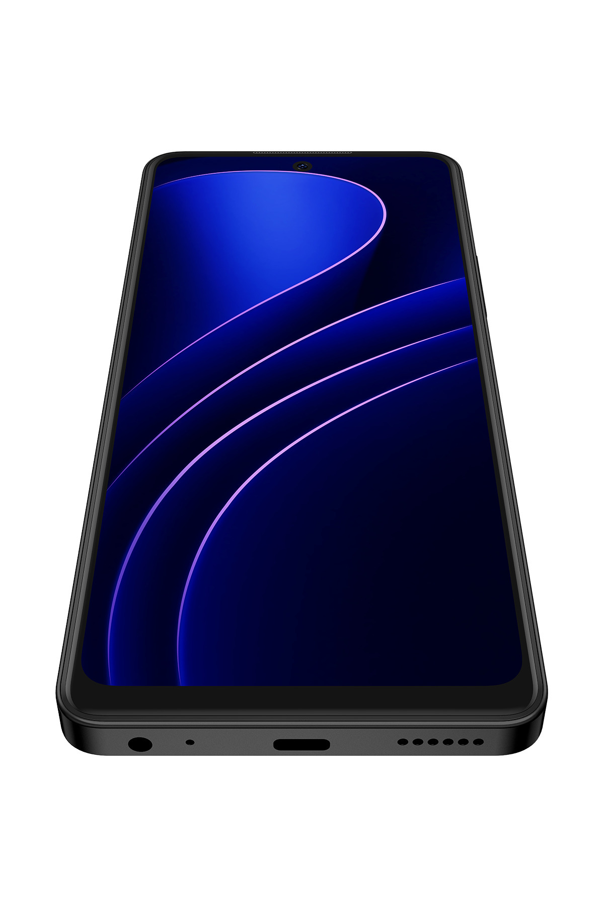 Portre modunda mavi soyut arka plana sahip siyah bir akıllı telefon.