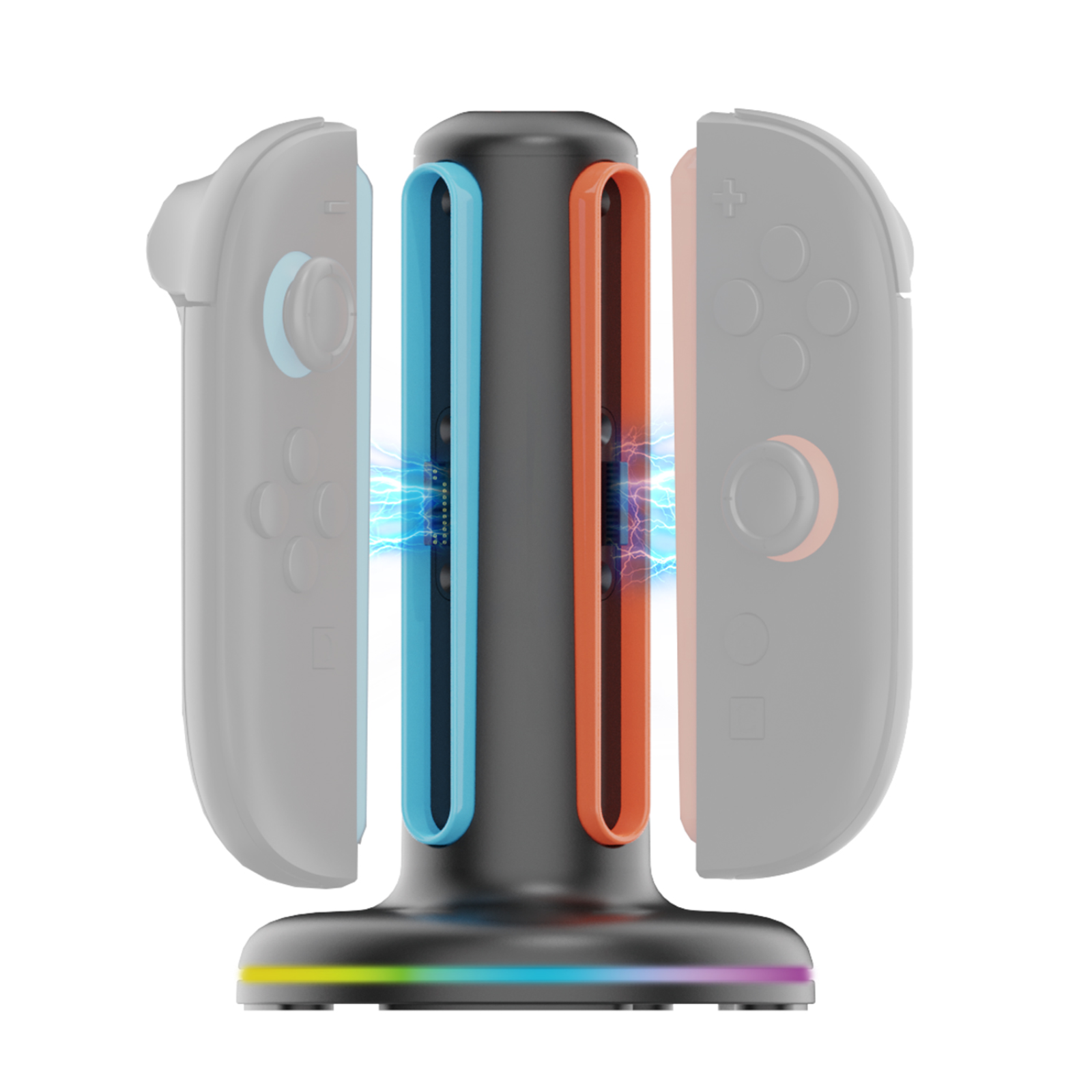 Een zwarte oplaadstandaard met blauwe en oranje sleuven, laadt Joy-Cons op.