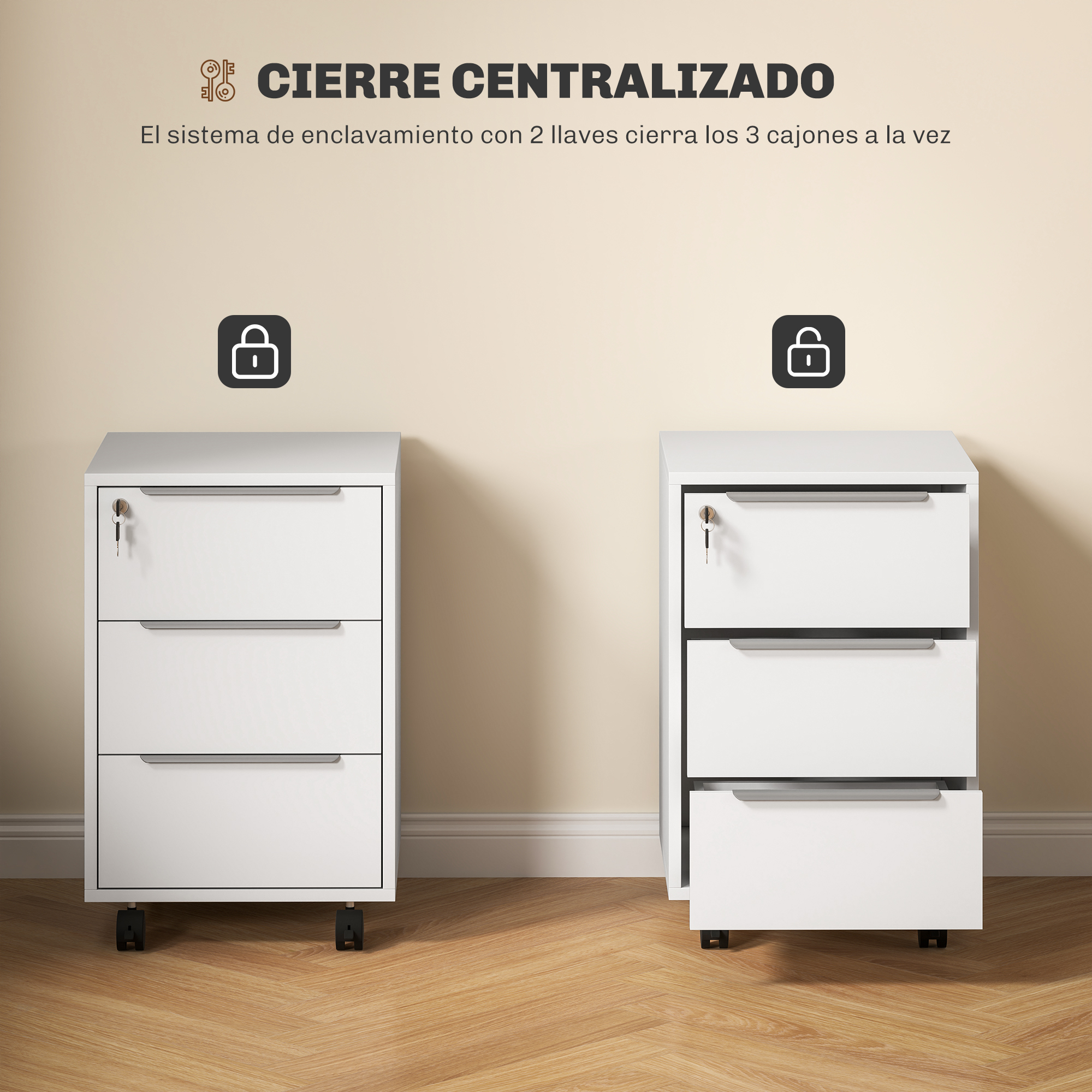 Dos archivadores blancos con llaves en los cajones superiores. Icono de candado.