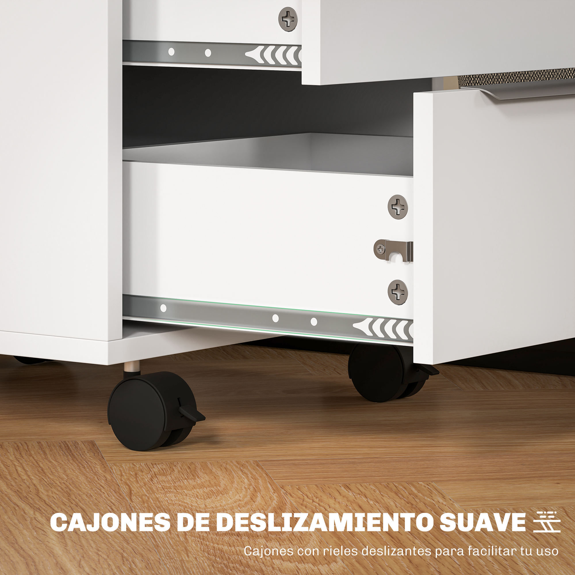 Un armario blanco con ruedas, cajones extraíbles y rieles.